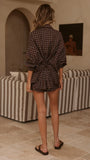 Kye Long Sleeve Top and Shorts Set Chocolate Blue Plaid