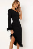 Dame One Shoulder Feather Midi Dress Black