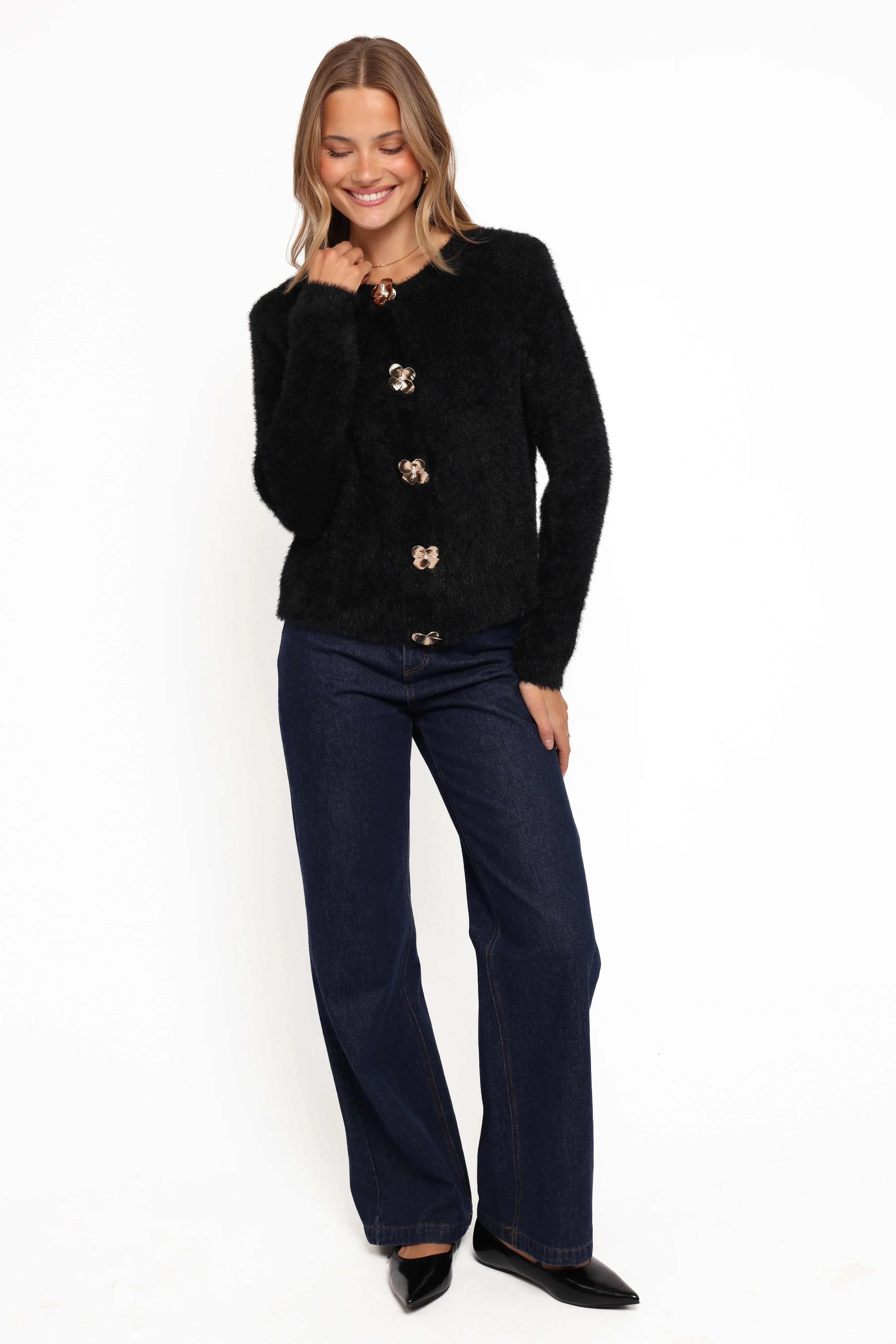 Donna Flower Button Cardigan Black