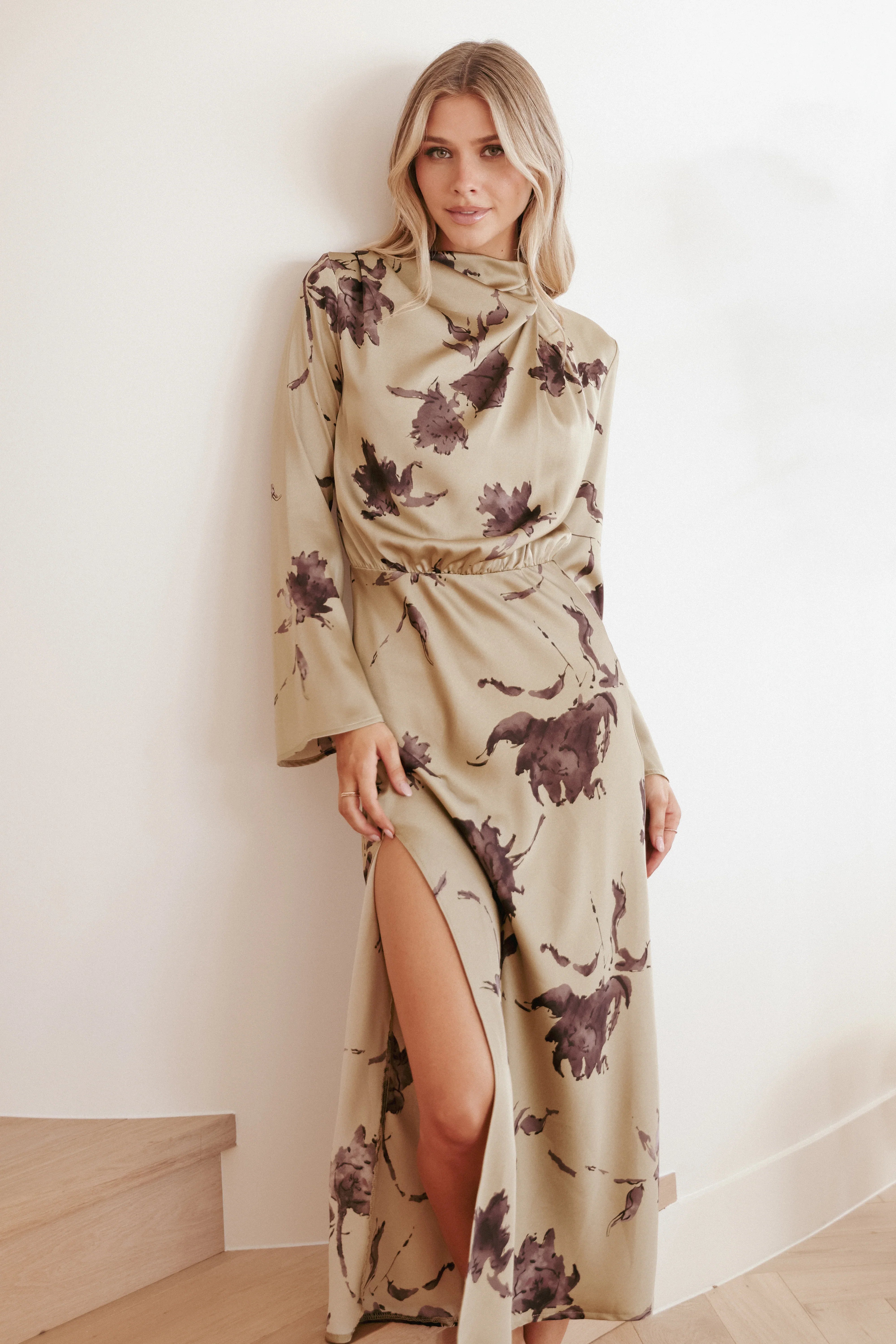 Kristyn Long Sleeve Midi Dress Olive Floral