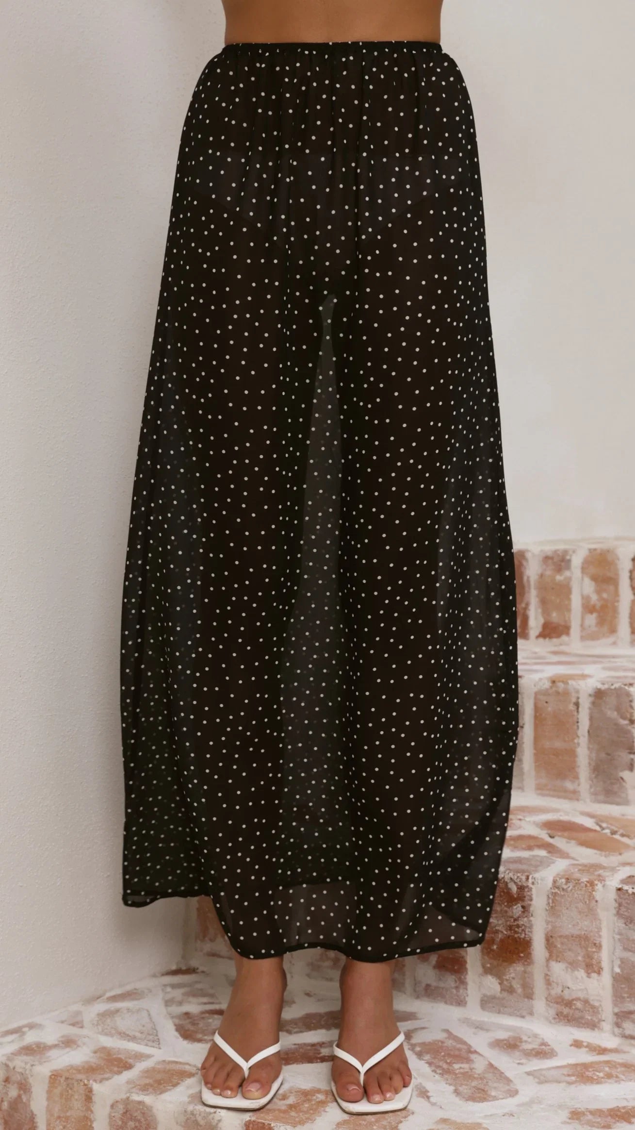 Elisha T Shirt and Sheer Maxi Skirt Set White Black Stripe and Polka Dot