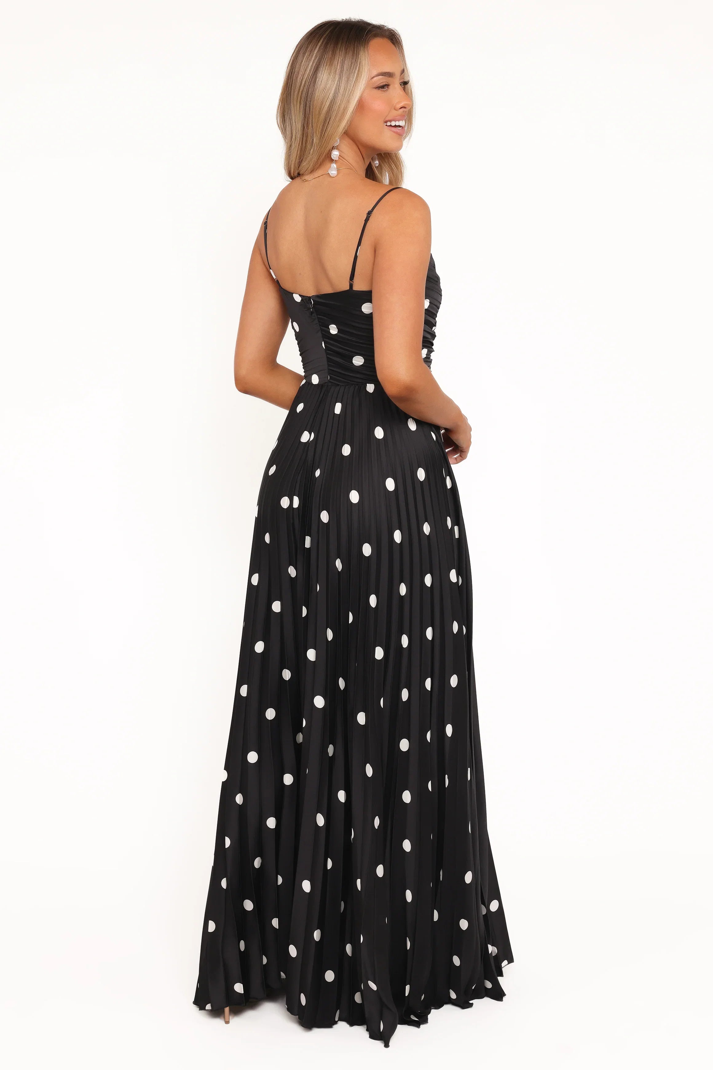 Naira Pleated Maxi Dress Black Polka Dot