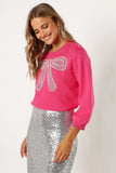 June Embellished Bow Knit Sweater Hot Pink