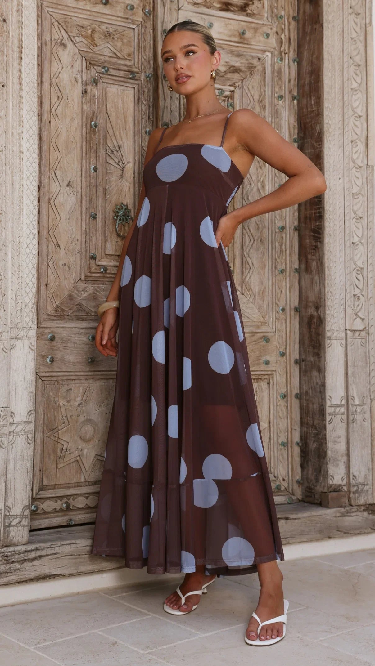 Melinda Mesh Maxi Dress Brown Blue Polka Dot