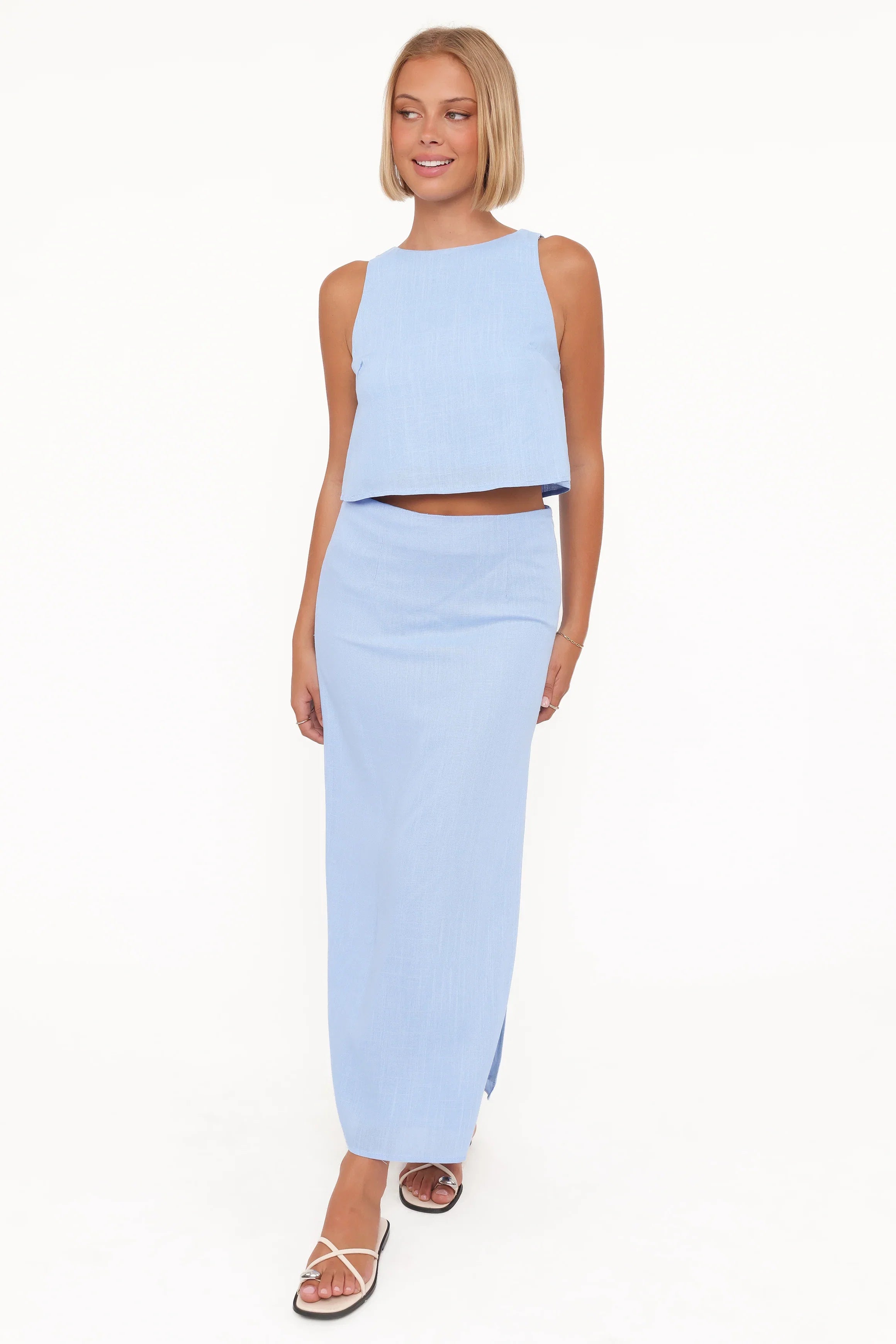Madison Linen Column Skirt Blue