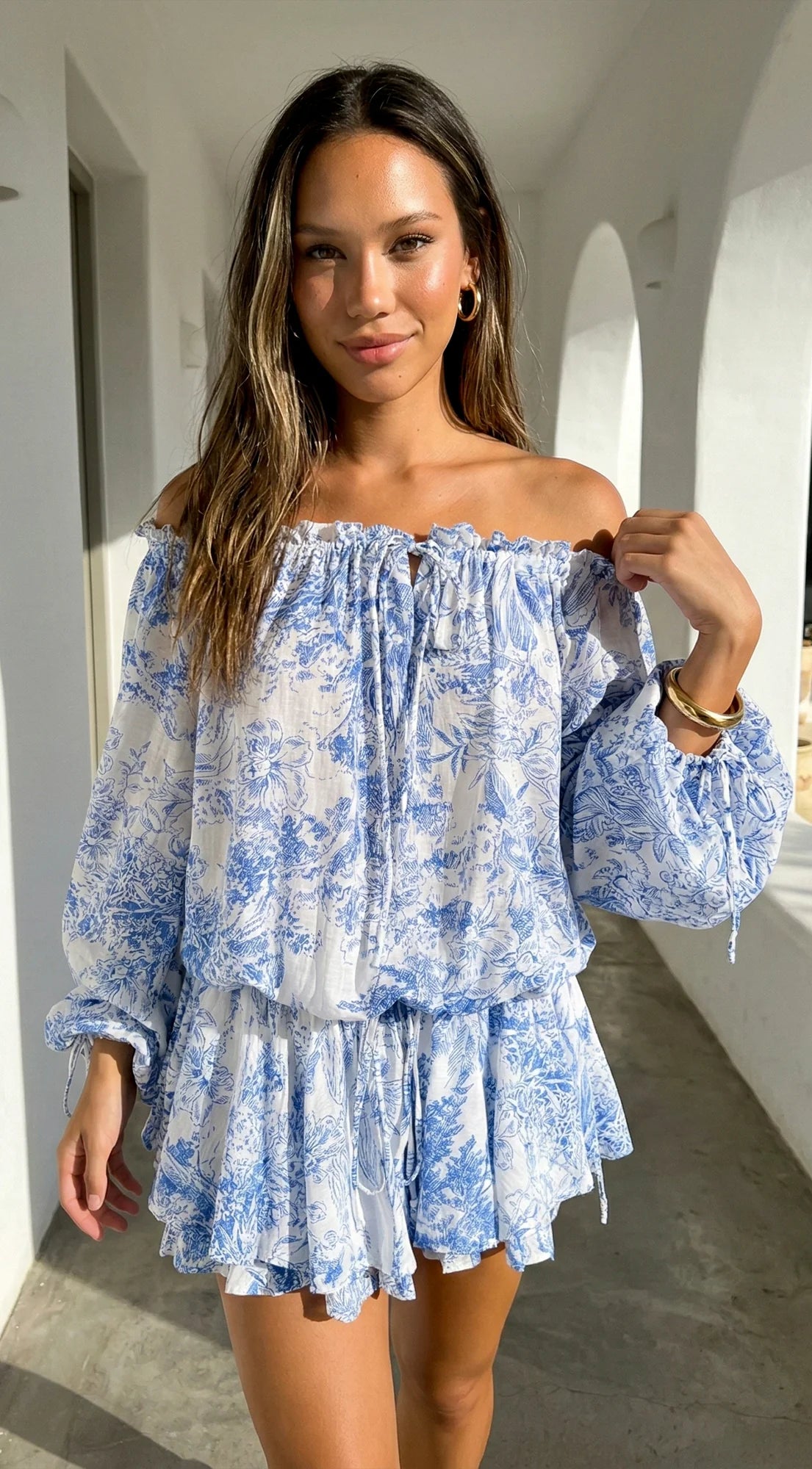 Bahama Floral Off Shoulder Ruffle Mini Dress Blue