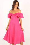 Cabo Frill Sleeve Midi Dress Magenta