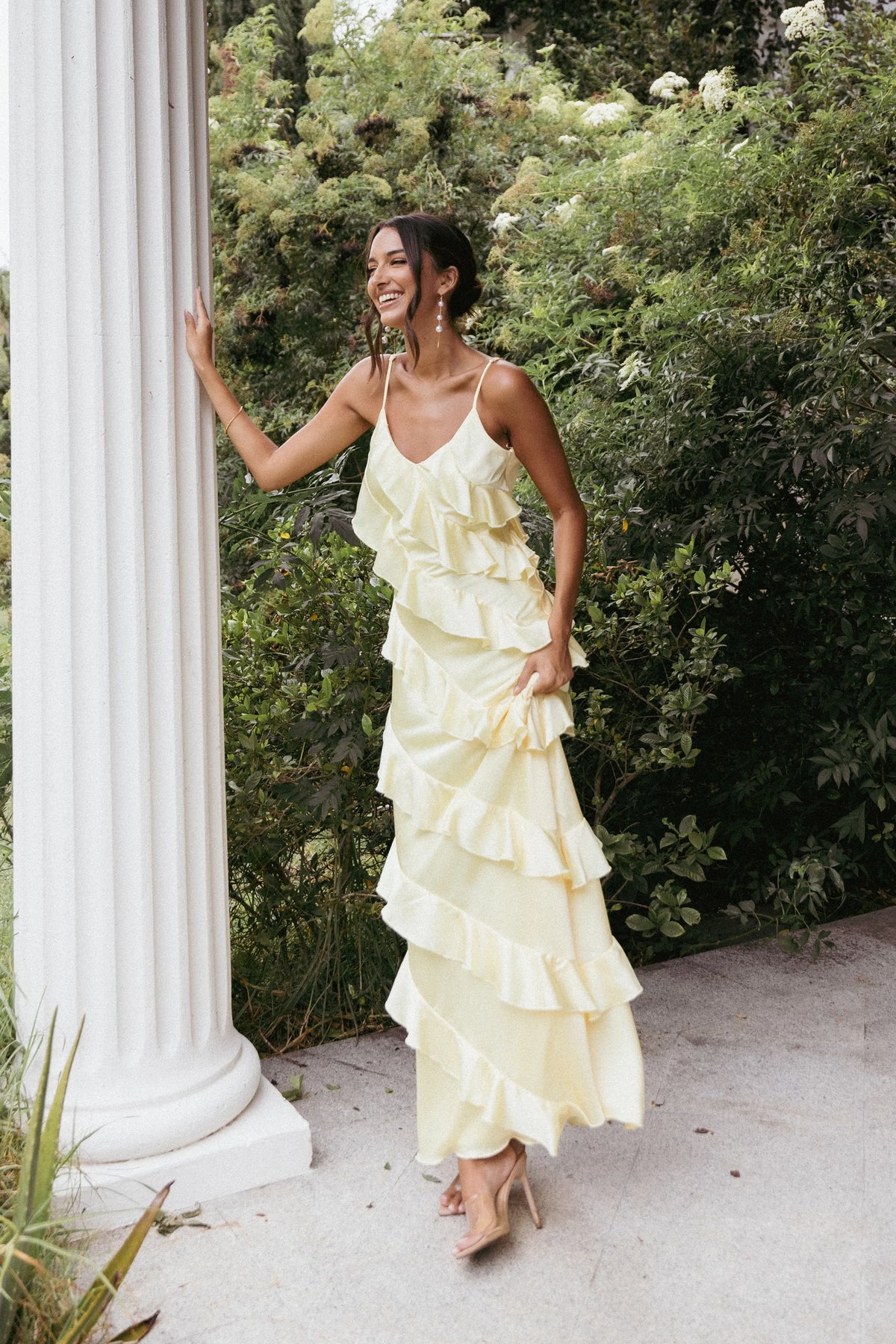 Ciao Ruffles Maxi Satin Dress Pale Yellow