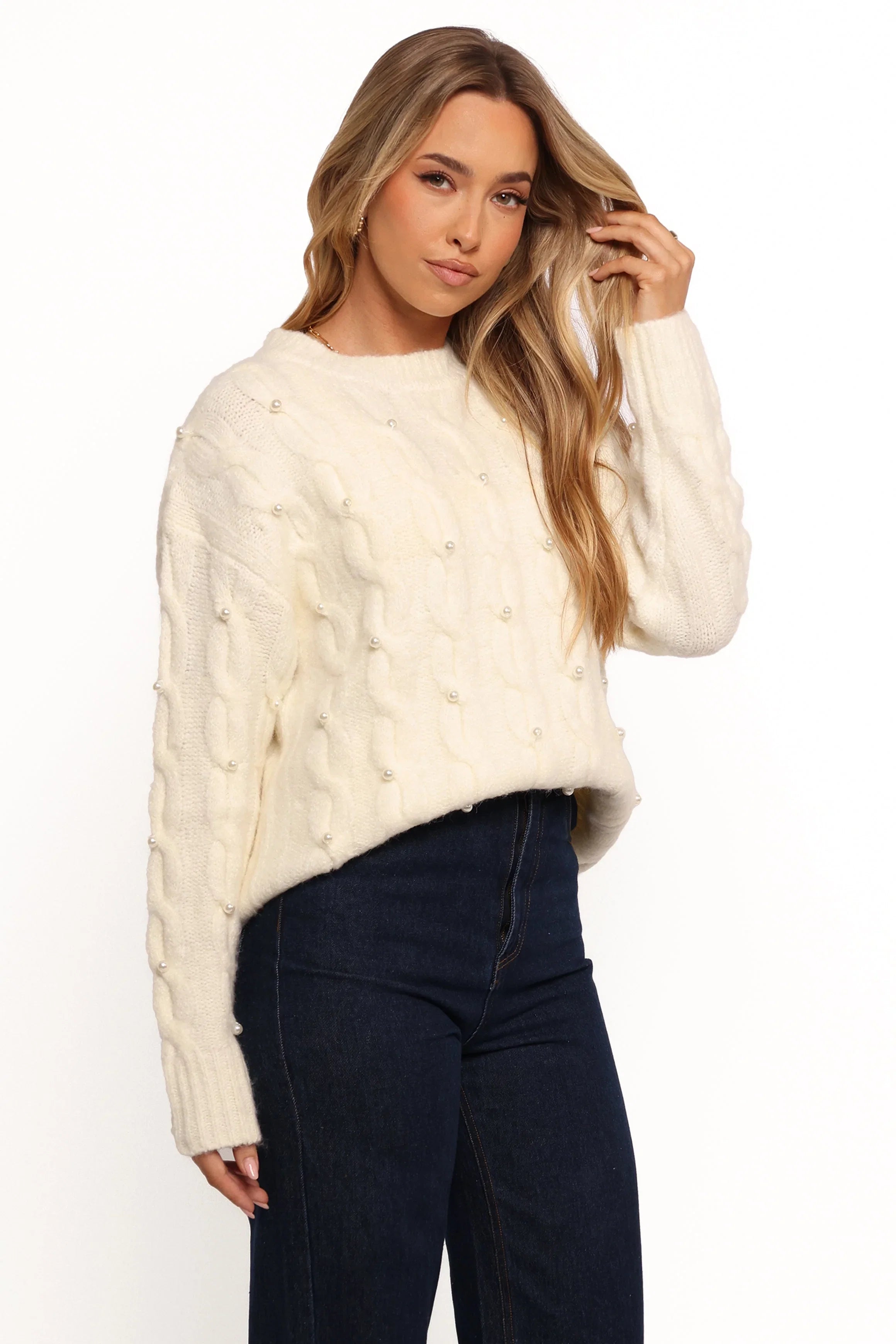 Kalai Cable Knit Pearl Detail Knit Sweater Cream