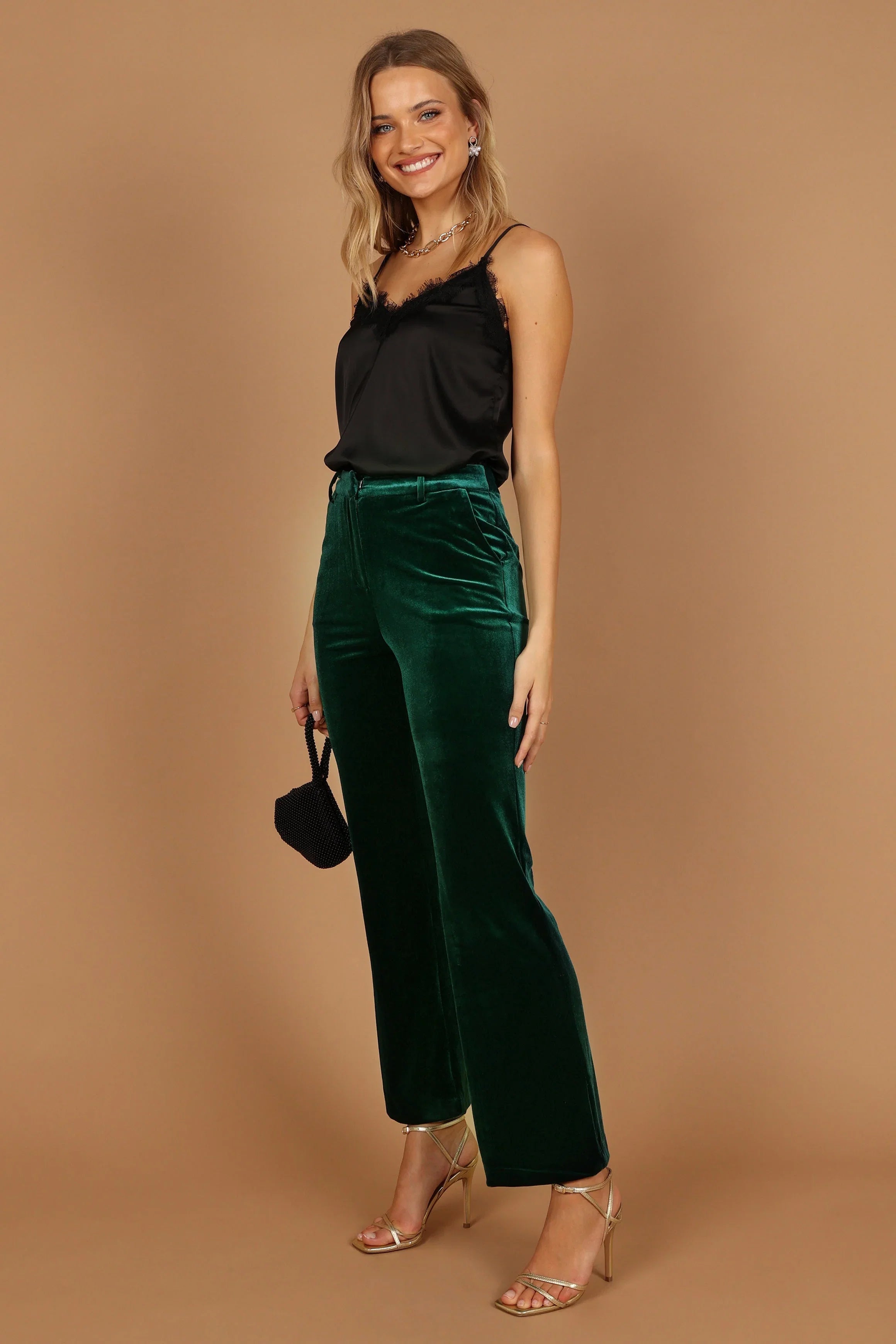 Darla Velvet Wide Leg Pants Hunter Green