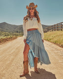 Prairie Rebel Frayed High Low Denim Maxi Skirt