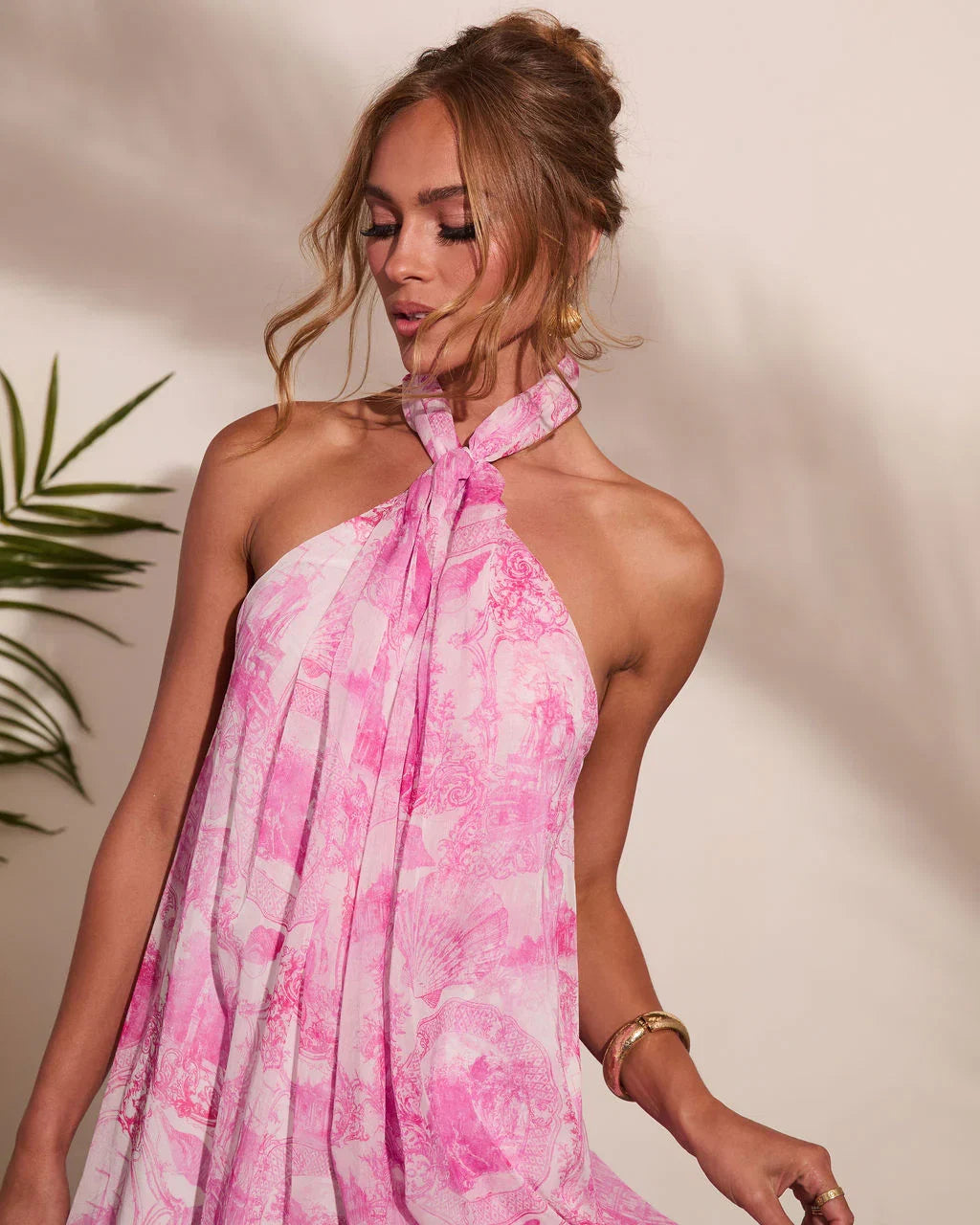 Tropic Bloom Floral Print Halter Neck Mini Dress