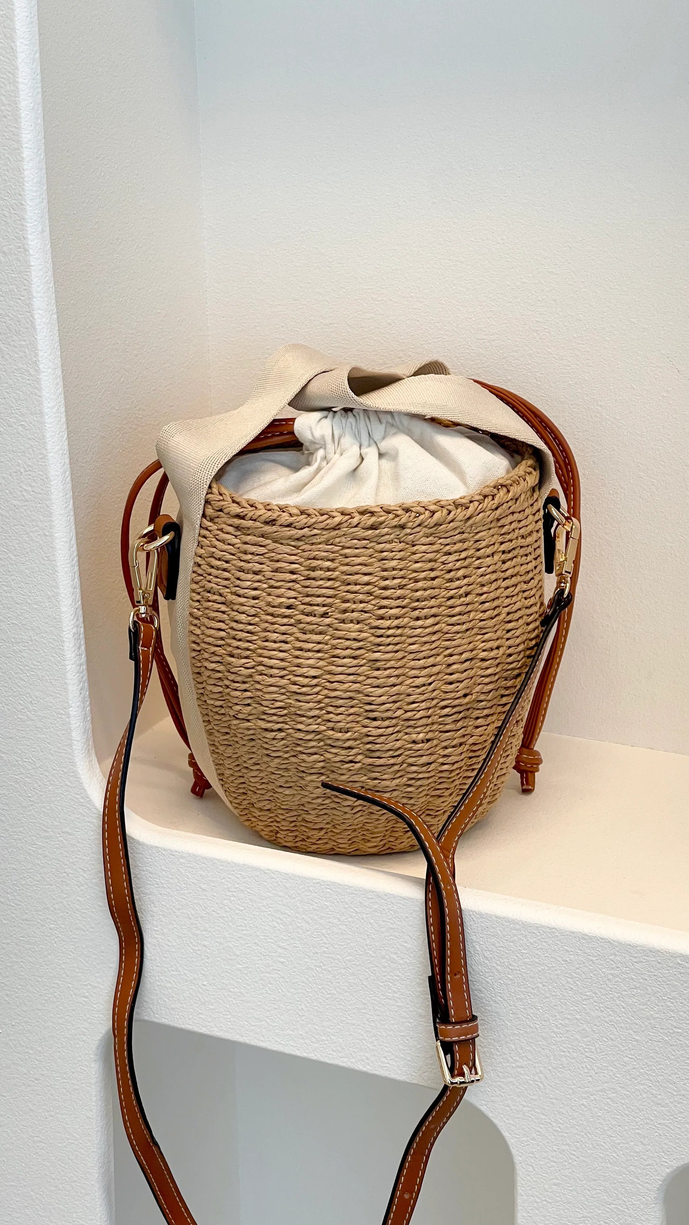 Cleo Woven Bucket Handbag Natural Tan