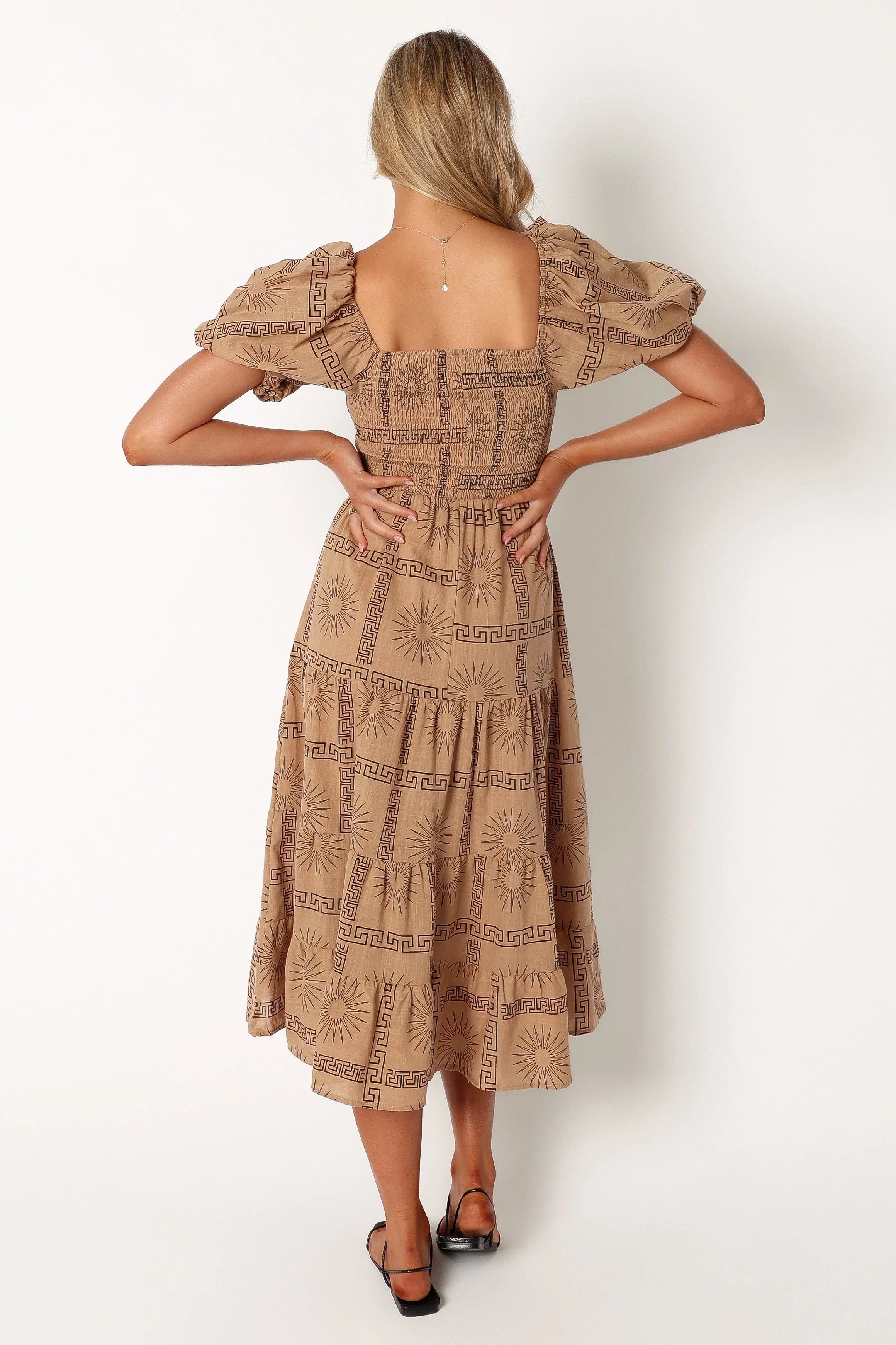 Soliel Puff Sleeve Midi Dress Tan Black