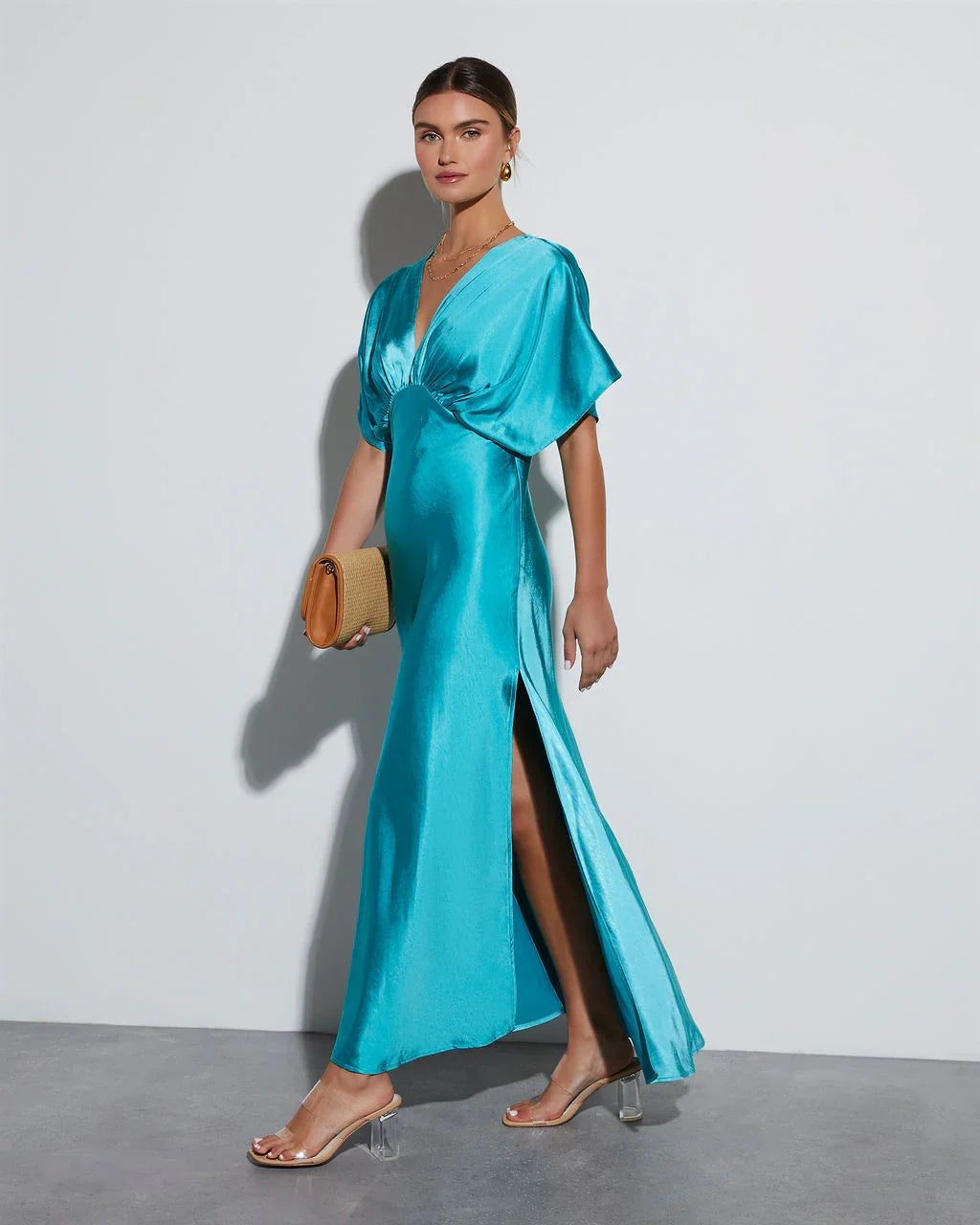 Theia Satin V Neck Maxi Dress