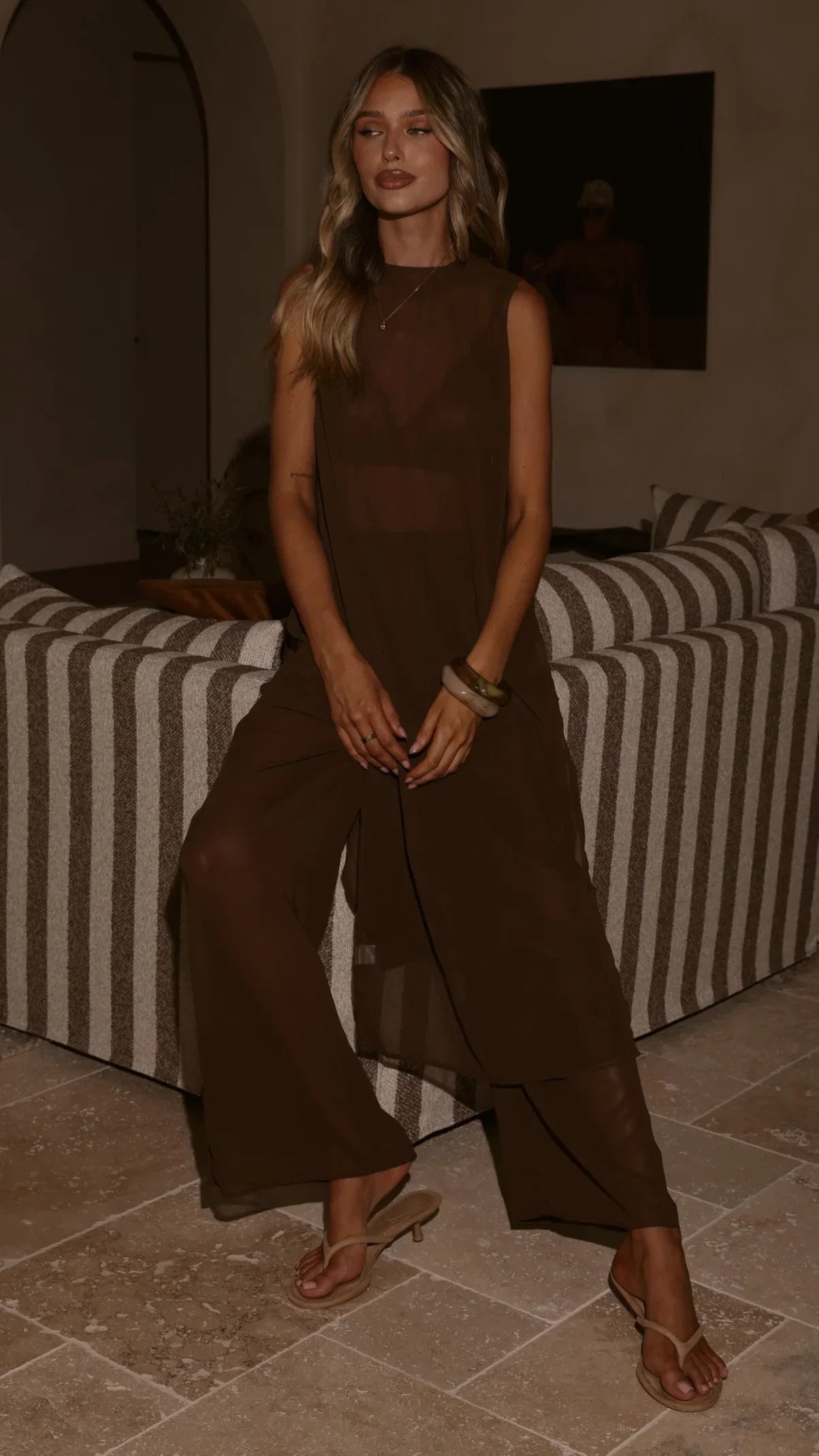 Zaire Long Line Sheer Top and Pants Set Chocolate