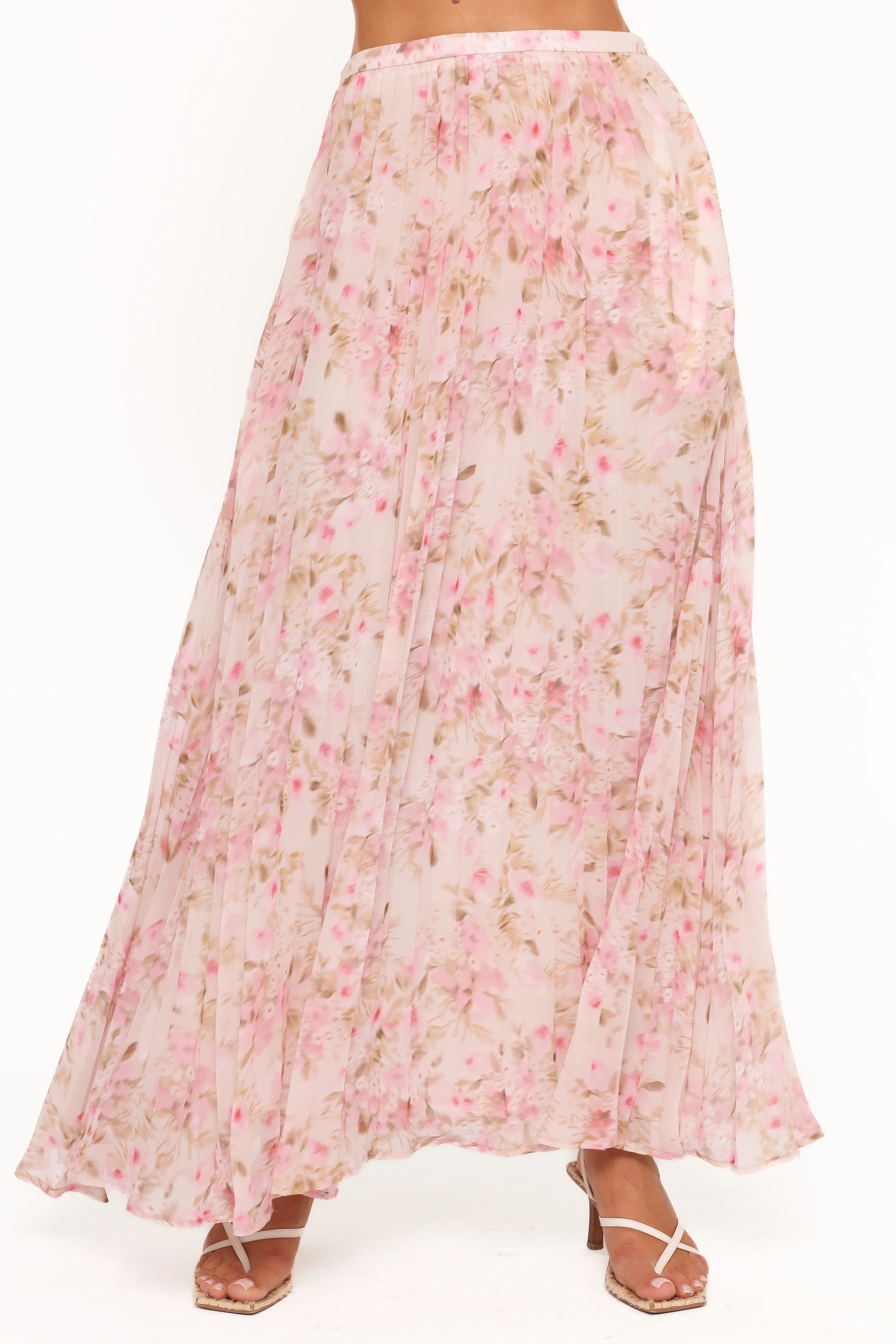 Mena Pleated Maxi Skirt Blurred Pink Floral