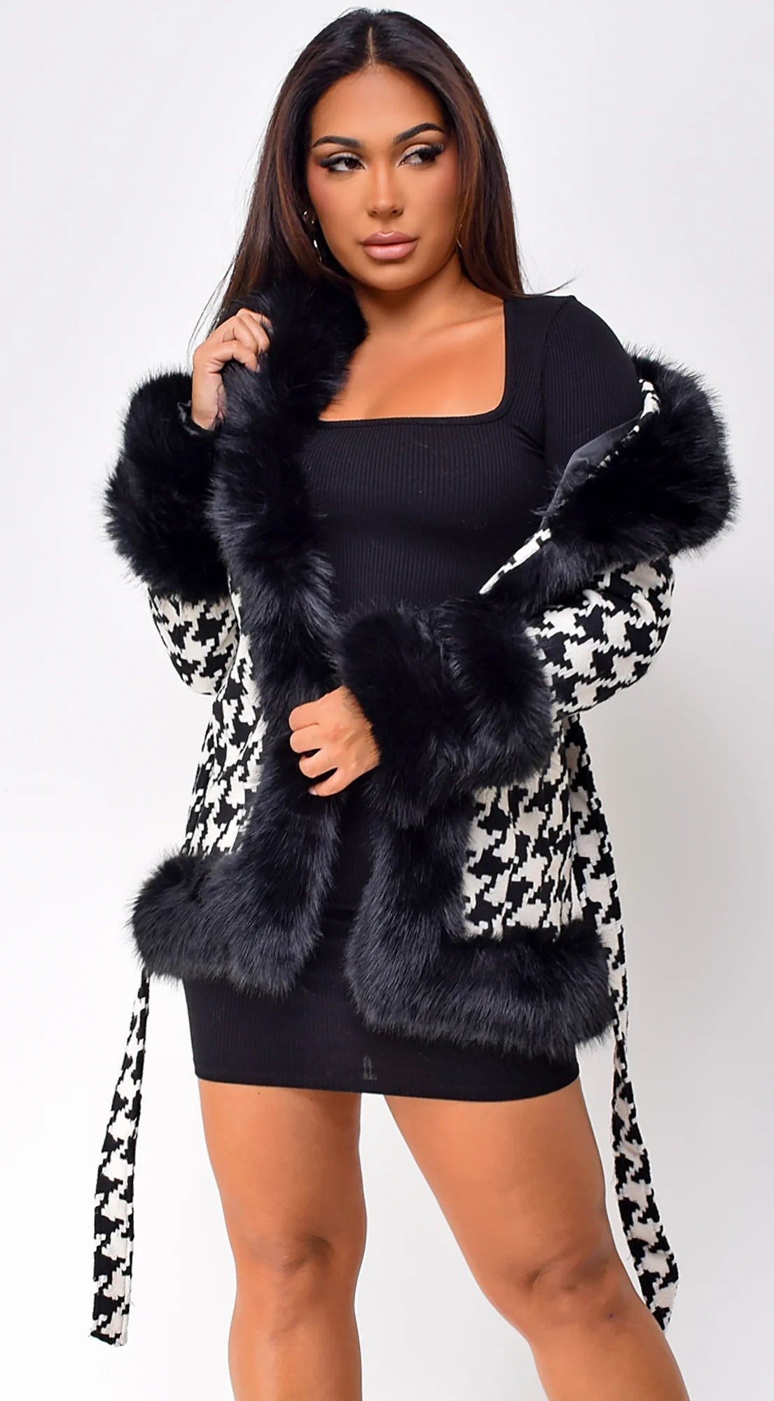 Korinna Houndstooth Faux Fur Coat Black
