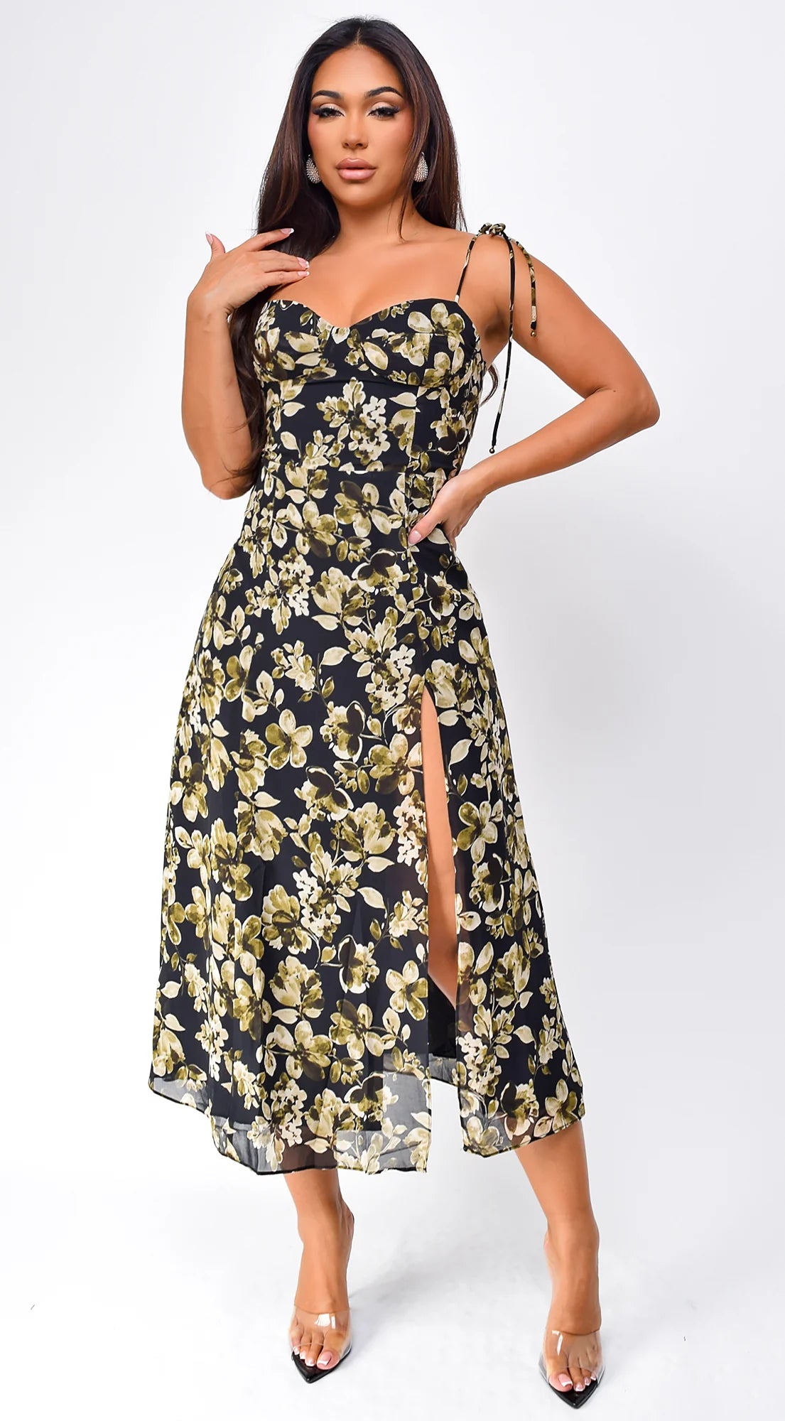 Nikkie Floral Print Side Slit Midi Dress Black