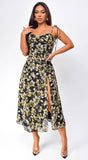 Nikkie Floral Print Side Slit Midi Dress Black