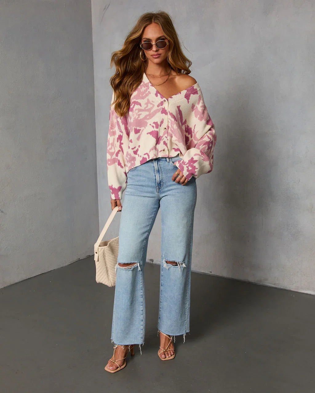 Honeyed Timber Knit Printed Cardigan