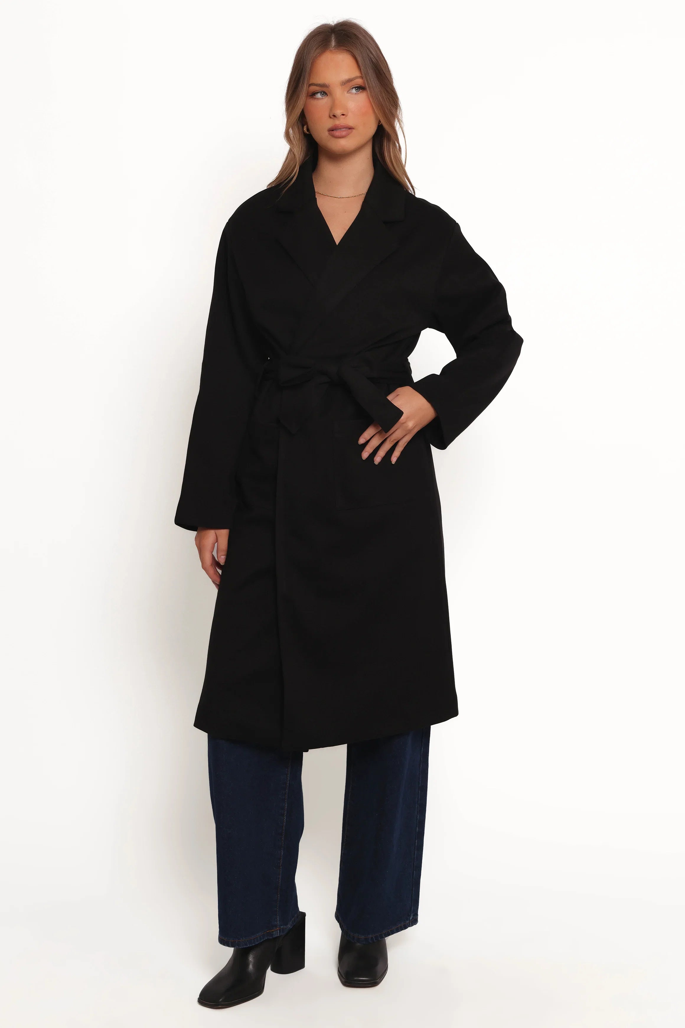 Kloss Tie Front Long Coat Black