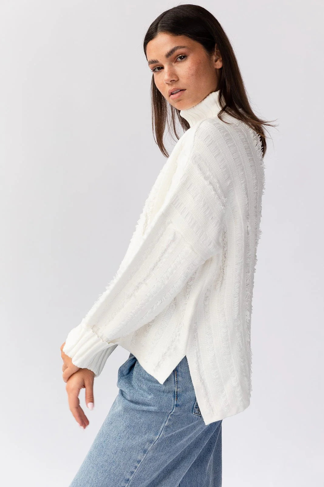 Dana Turtleneck Fringe Knit Sweater White