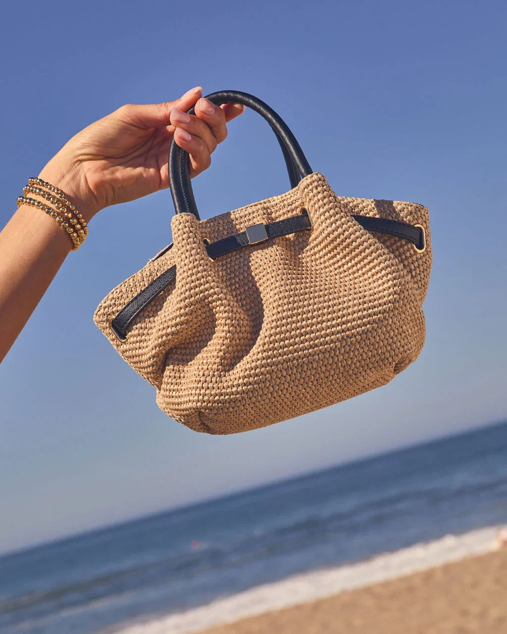 Island Reverie Belted Woven Straw Trapeze Bag
