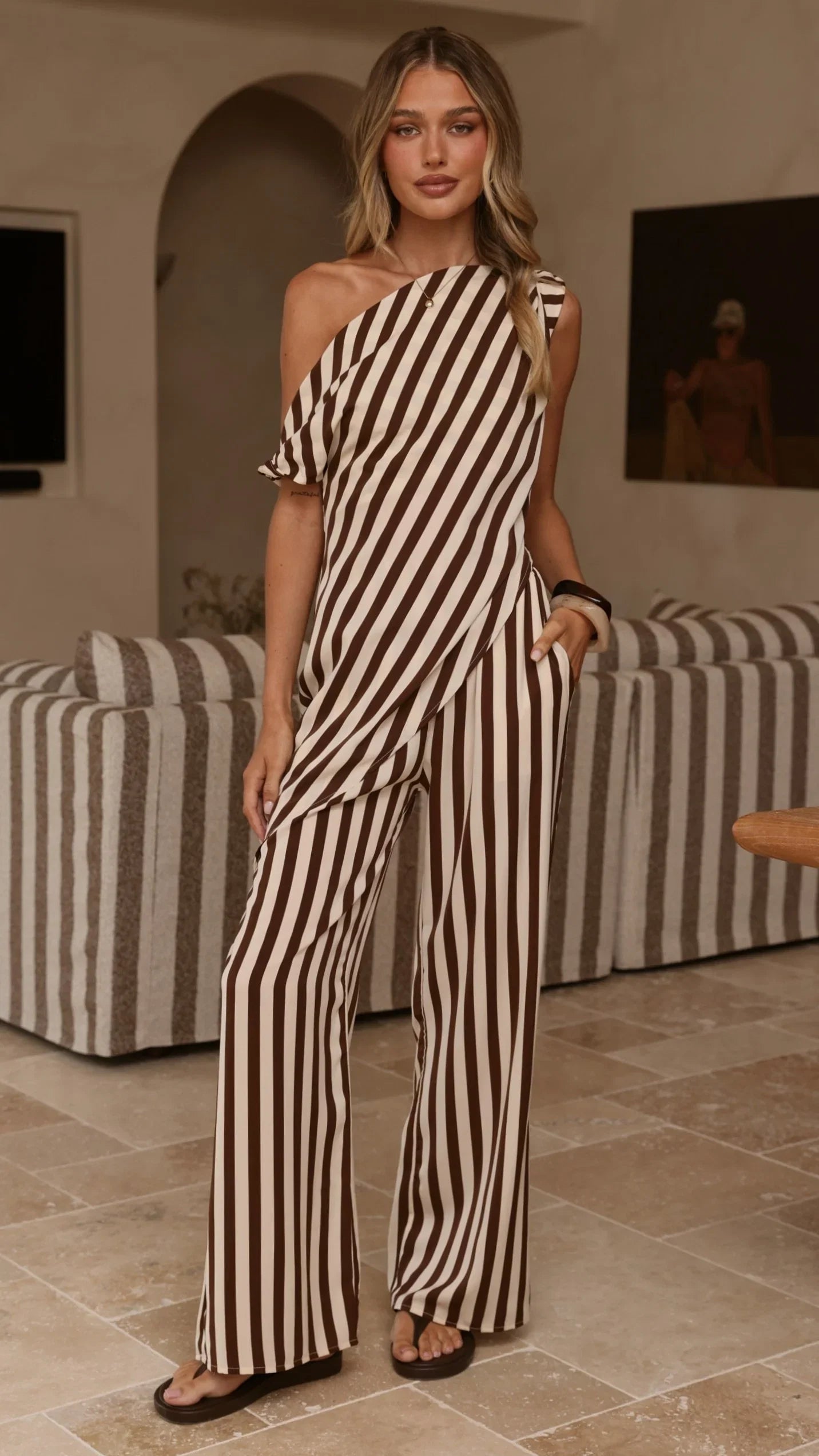 Liana Off Shoulder Top Pants Set Brown Stripe