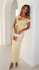 Lioraya Floral Off Shoulder Maxi Dress Pale Yellow Multi