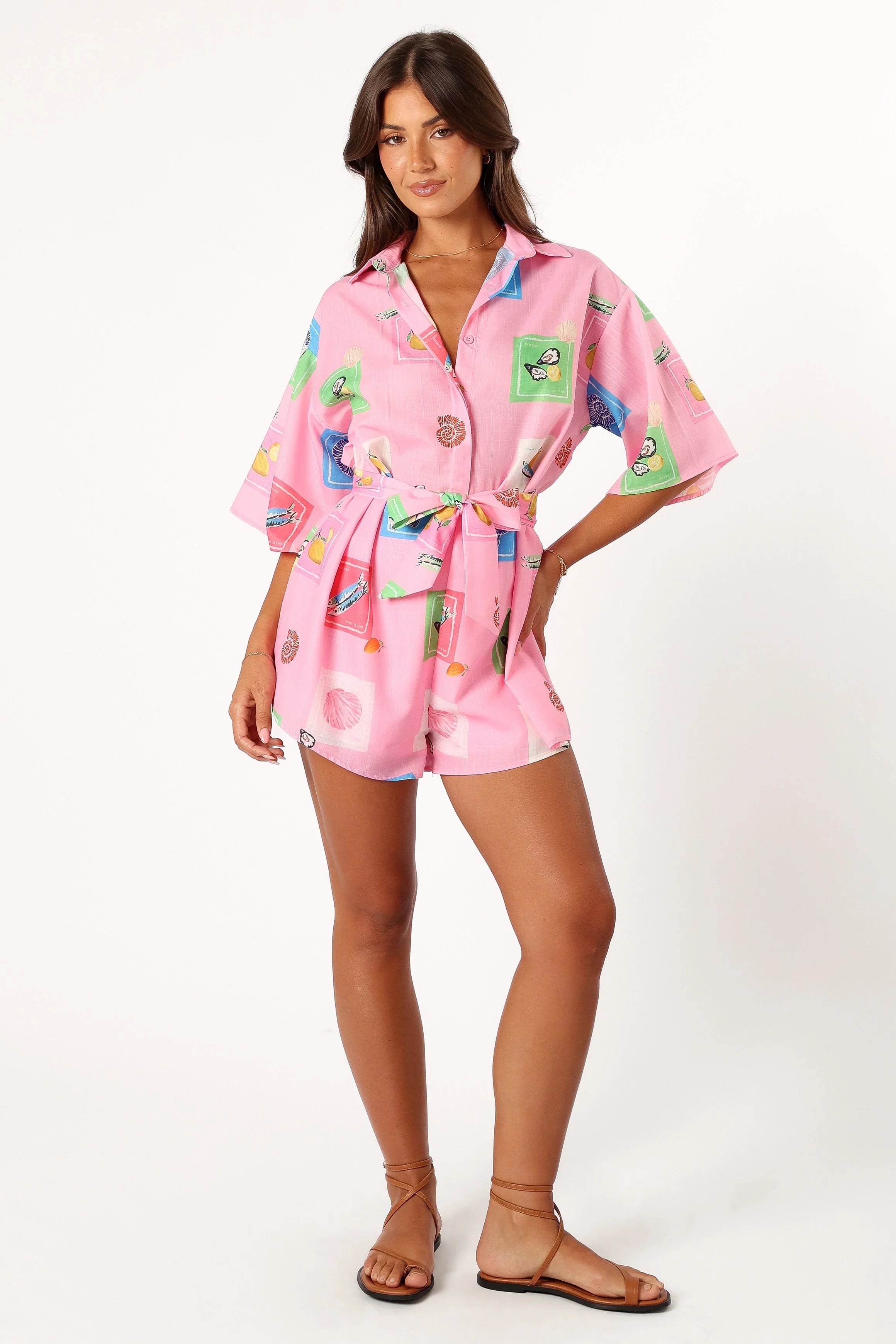 Kellie Romper Pink Stamp Print