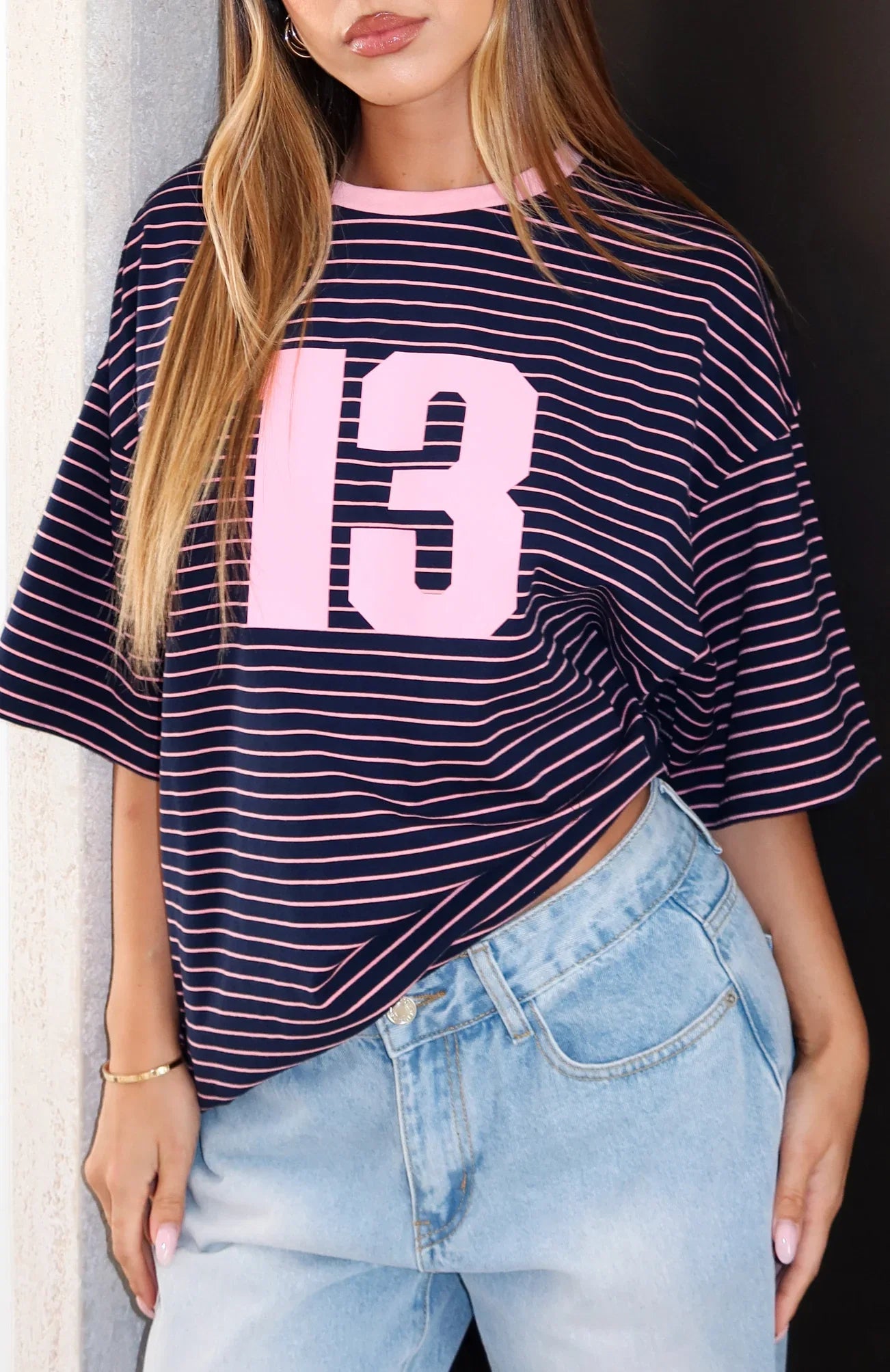 Good Old Days Oversized Tee Pink Navy Stripe