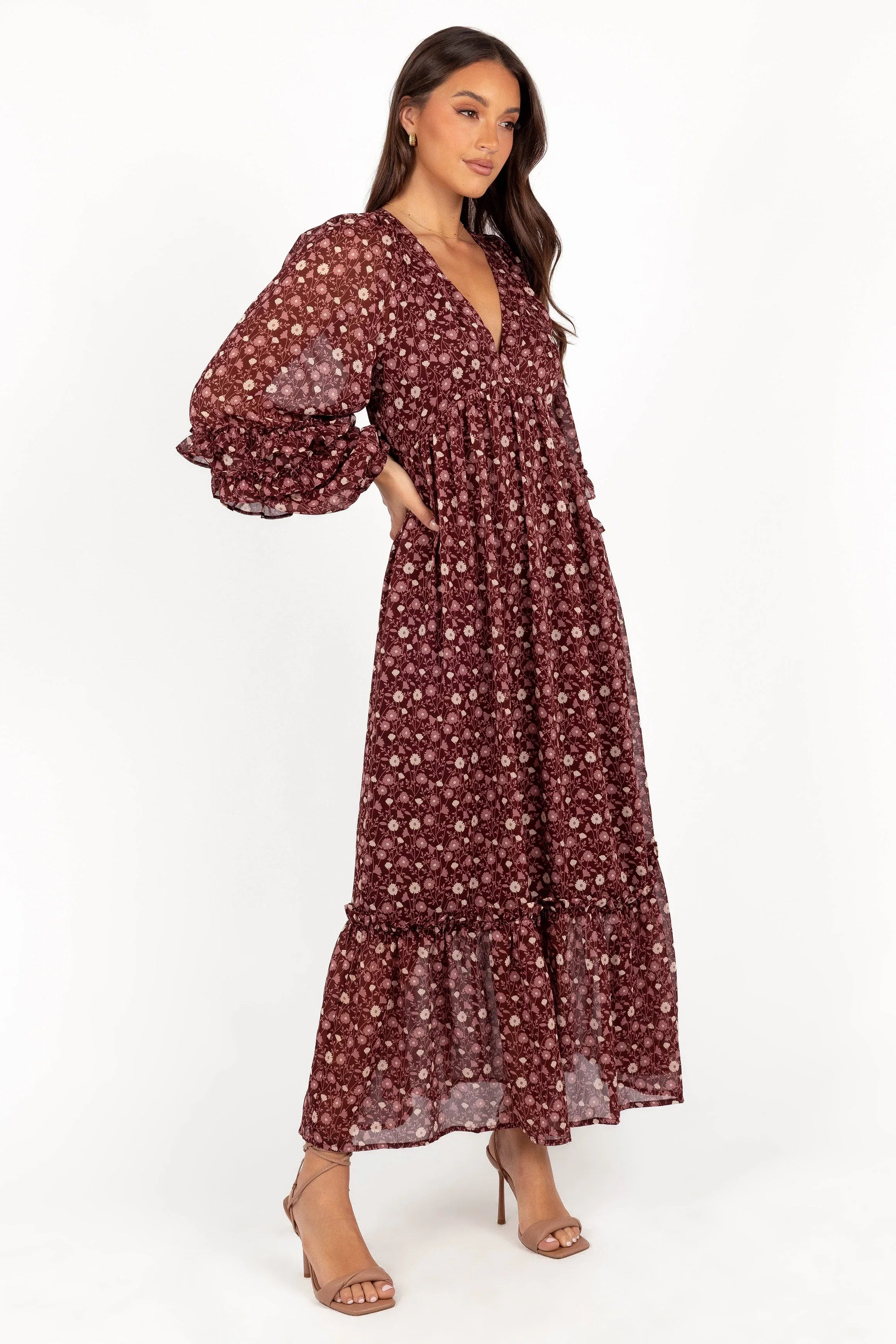 Evian Long Sleeve Maxi Dress Burgundy Multi