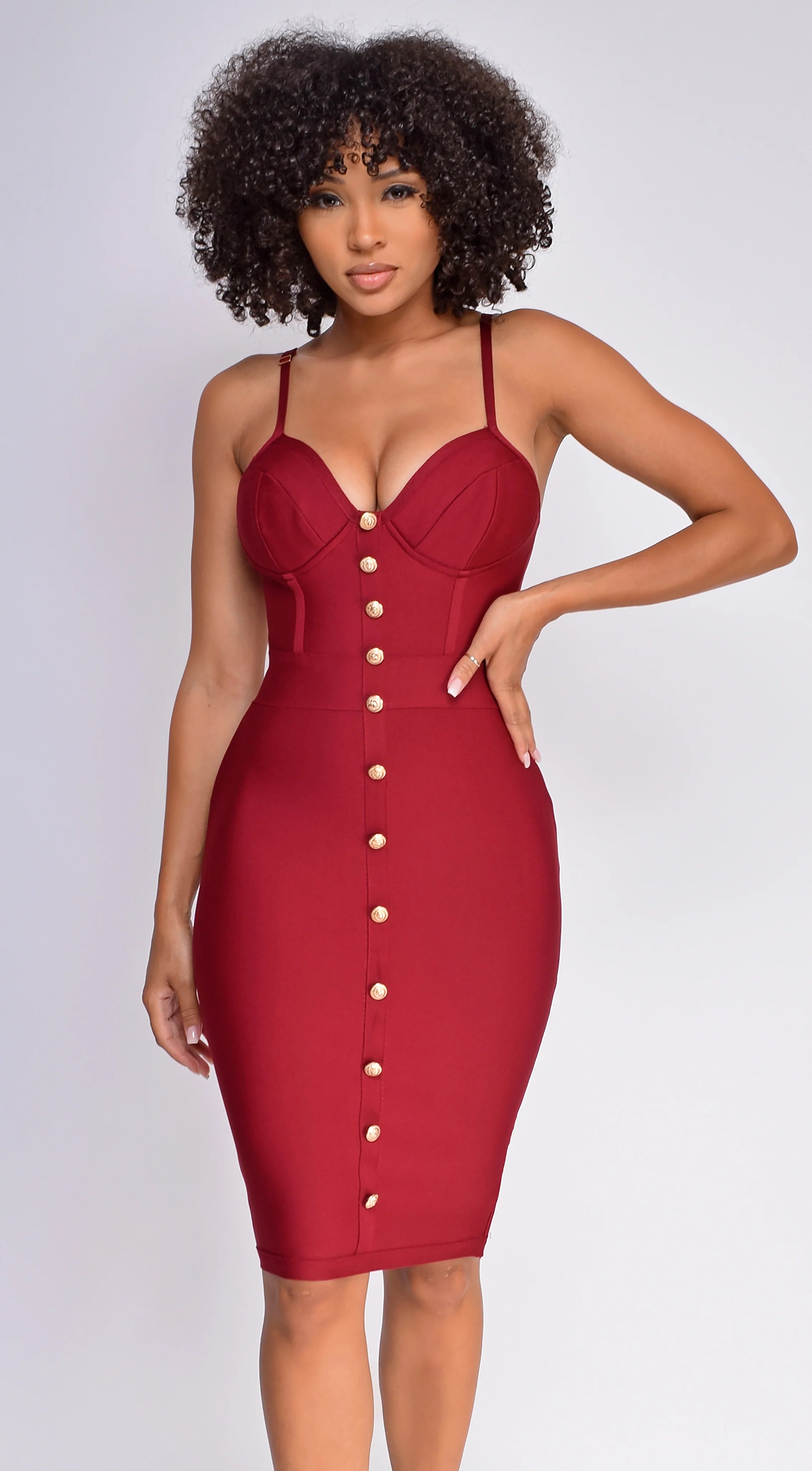 Nelinha Gold Button Bandage Dress Wine