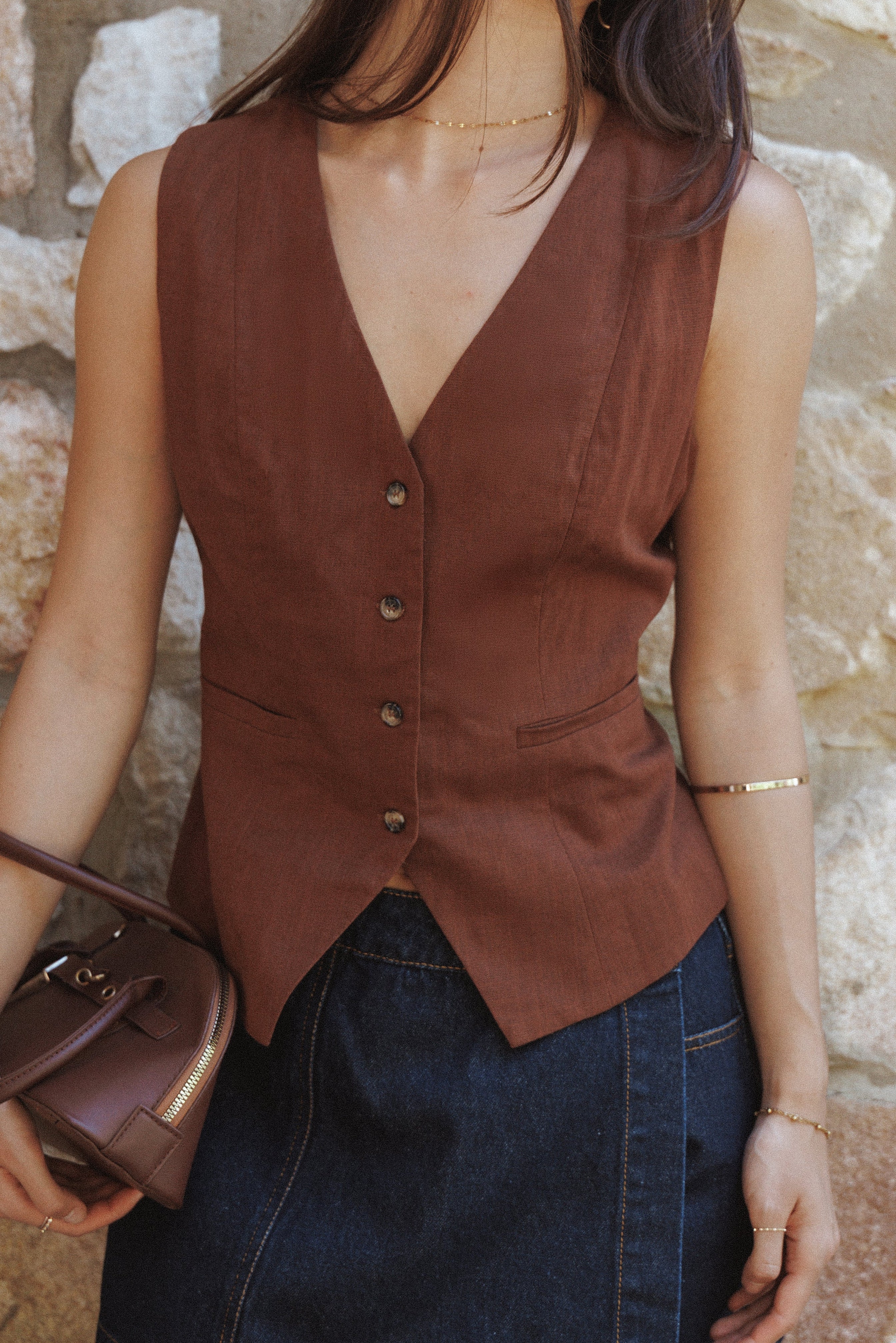 Bell Linen Vest Brown