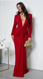 Leilani Metallic Ruched Deep V Maxi Dress Red