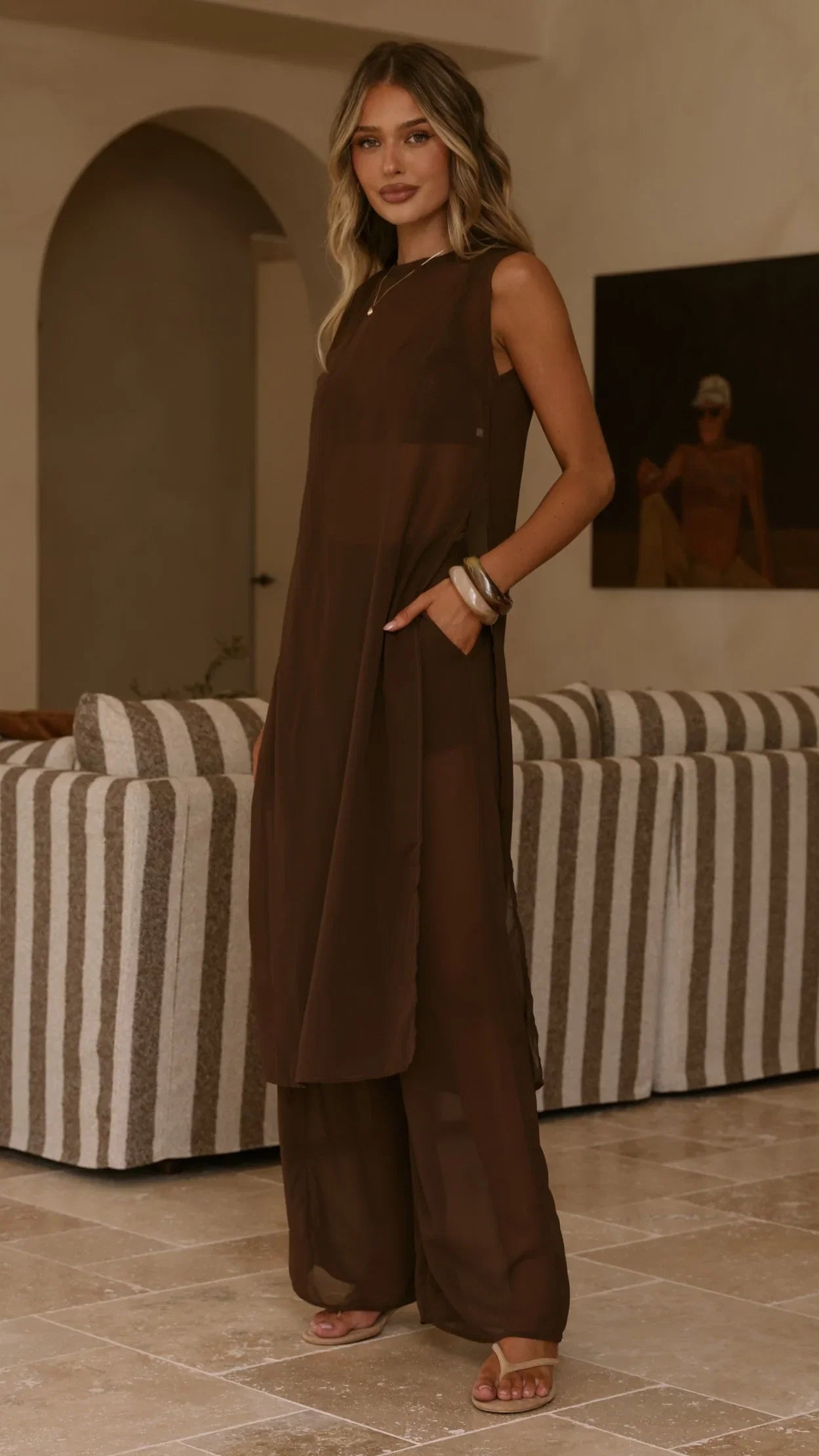 Zaire Long Line Sheer Top and Pants Set Chocolate