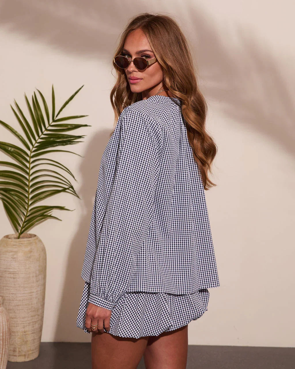 Day Trips Gingham Print Button Down Top