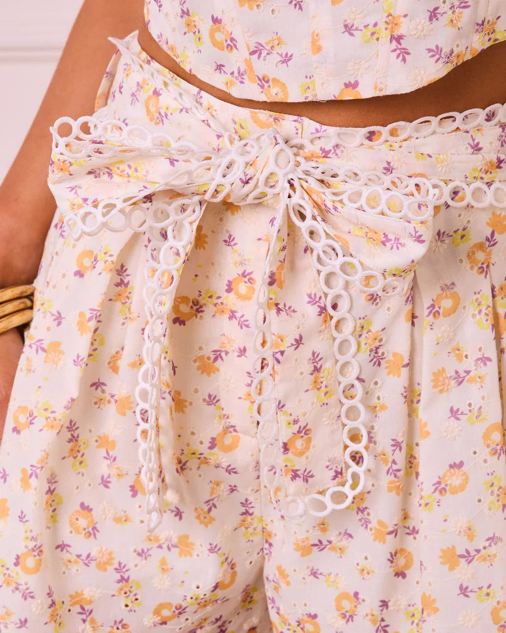 Sunny Petals Floral Eyelet Waist Tie Shorts
