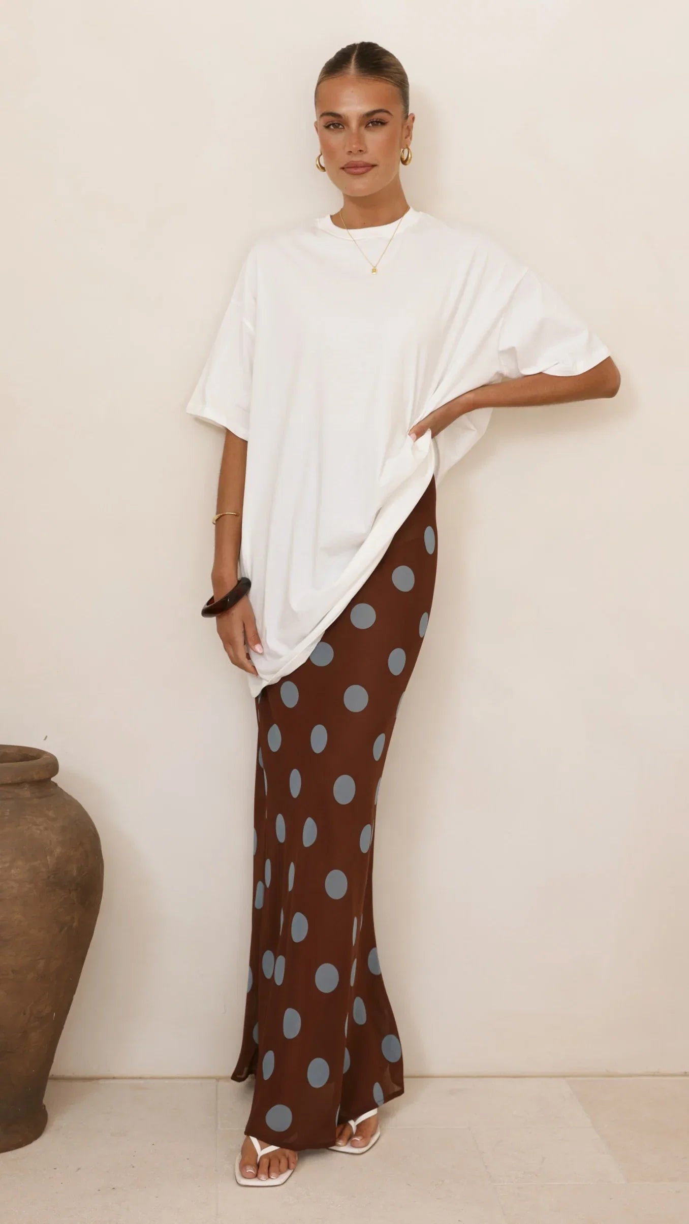 Yumi Oversized Tee and Sheer Skirt Set White Brown Blue Polka