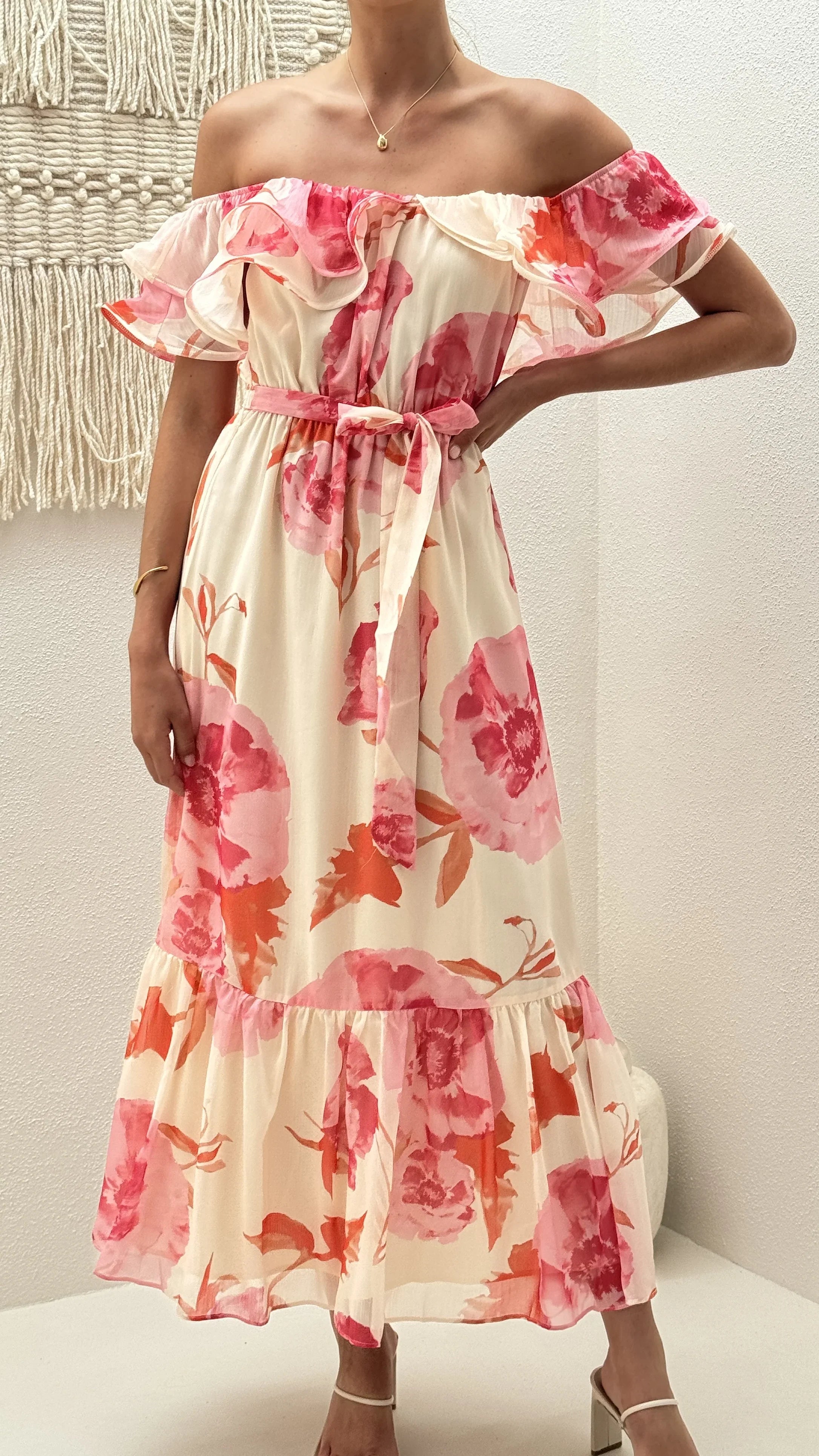 Chase Off Shoulder Maxi Dress Pink Floral