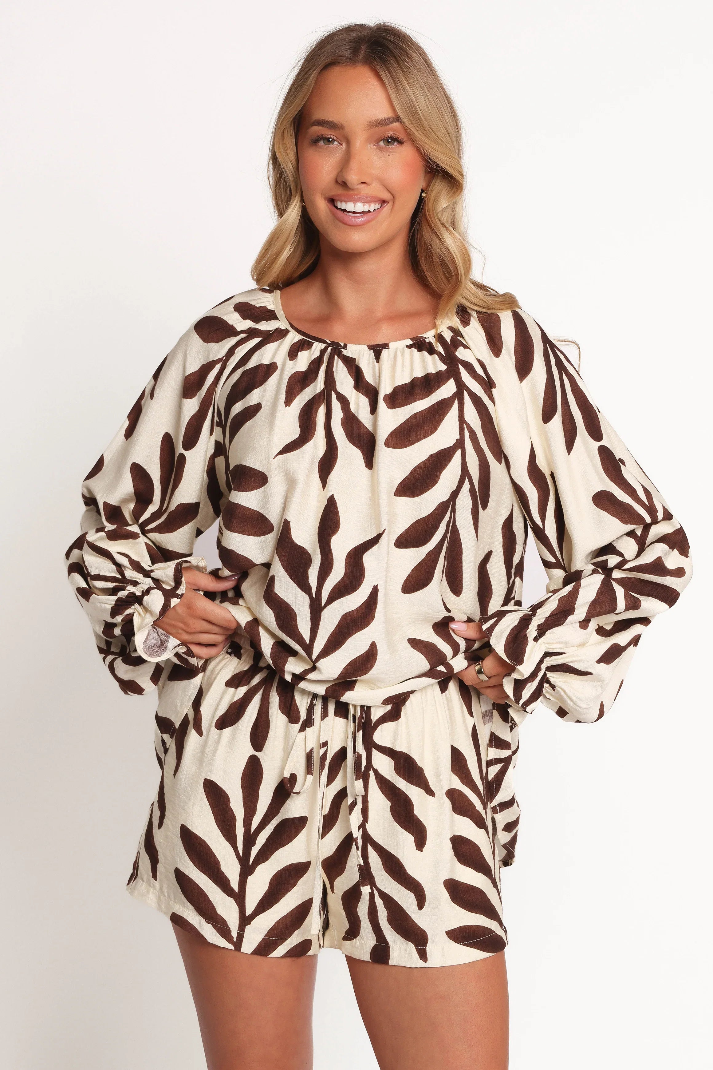 July Long Sleeve Smock Top Brown Palm
