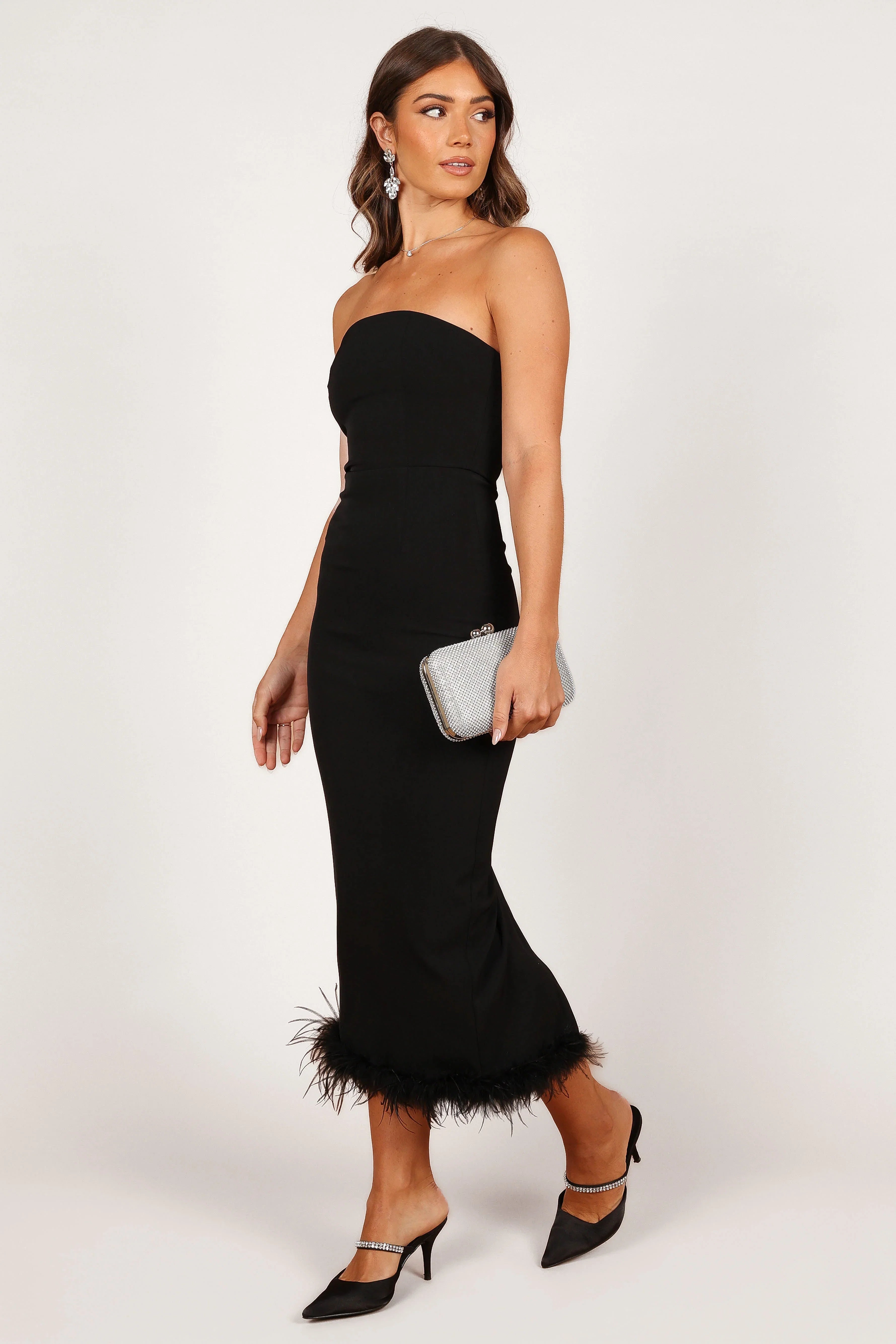 Clara Feather Trim Midi Dress Black