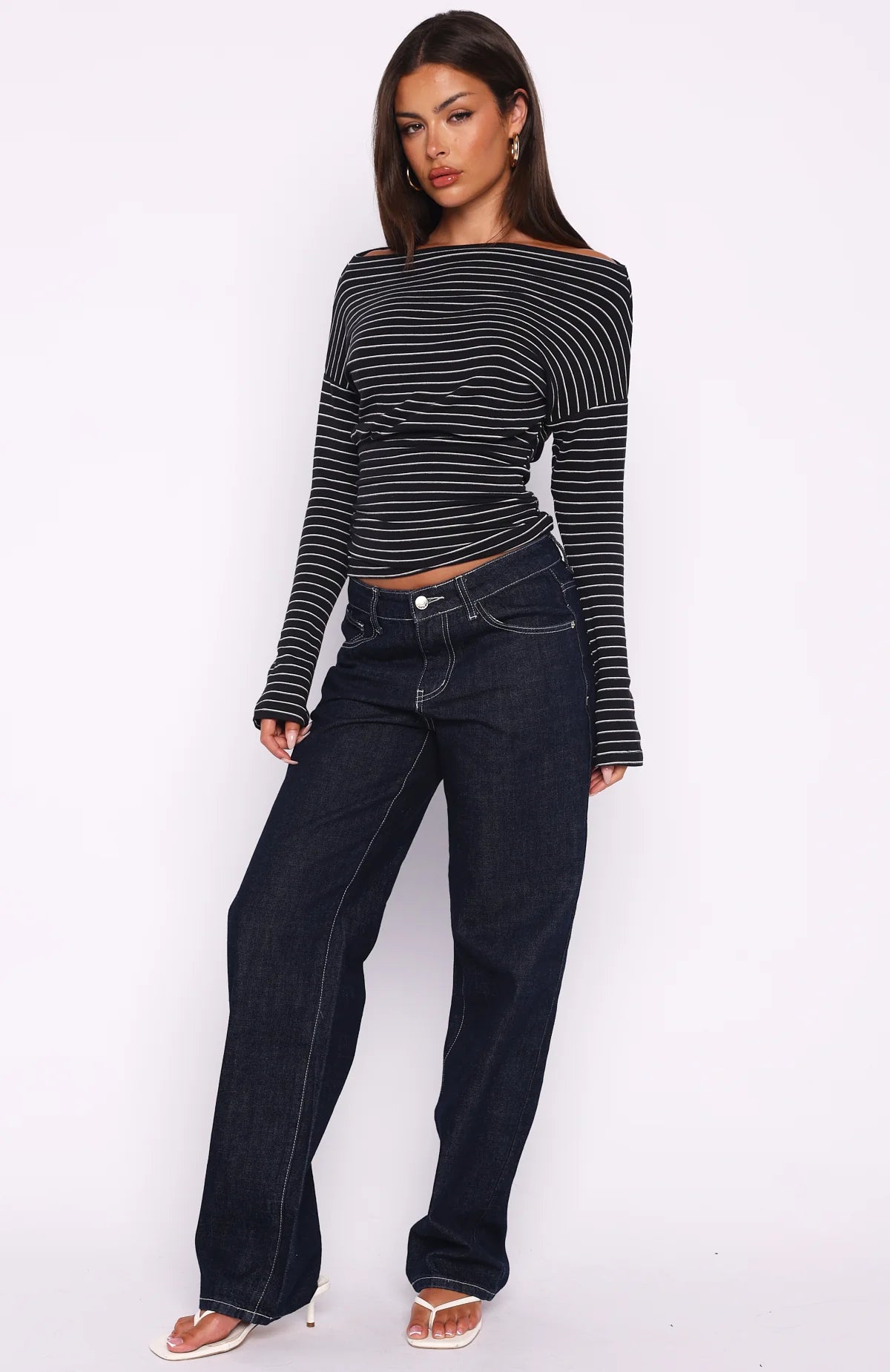 Another Time Cinched Waist Long Sleeve Top Black Stripe
