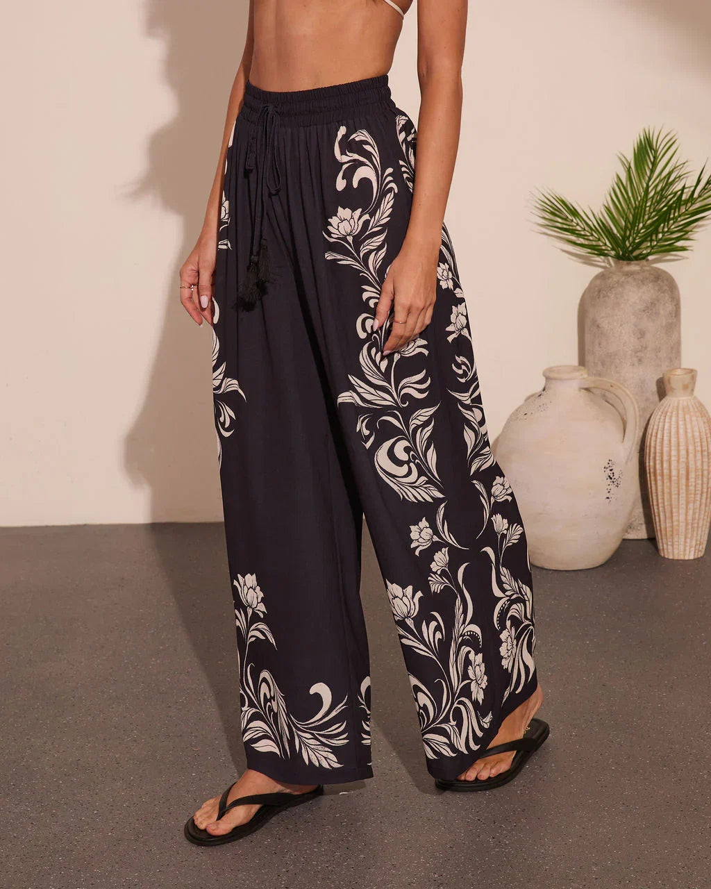 Korinna Floral Print Drawstring Wide Leg Pants