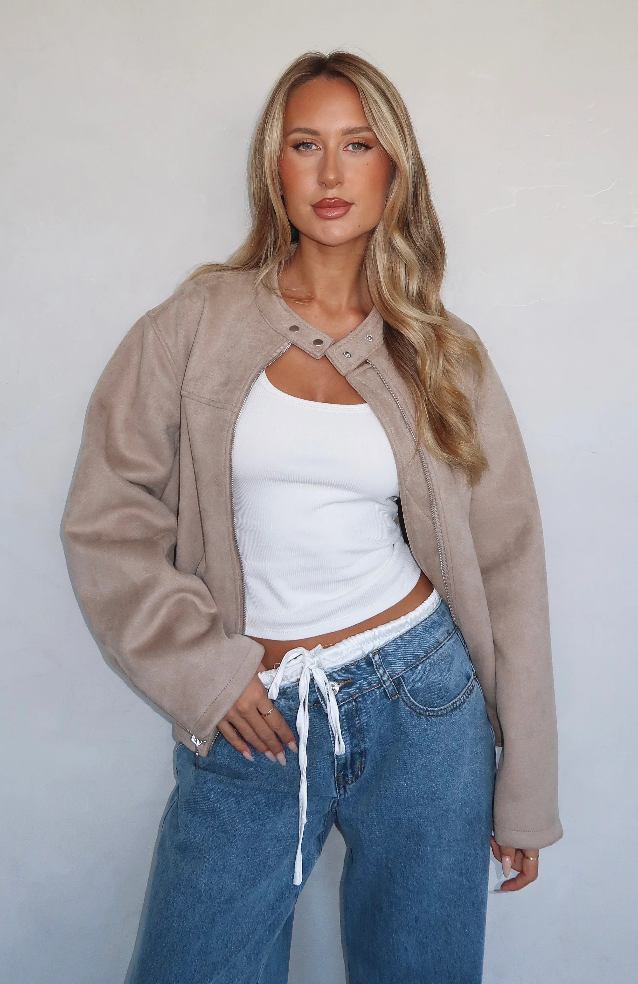 Watchin Out Faux Suede Bomber Jacket Sand