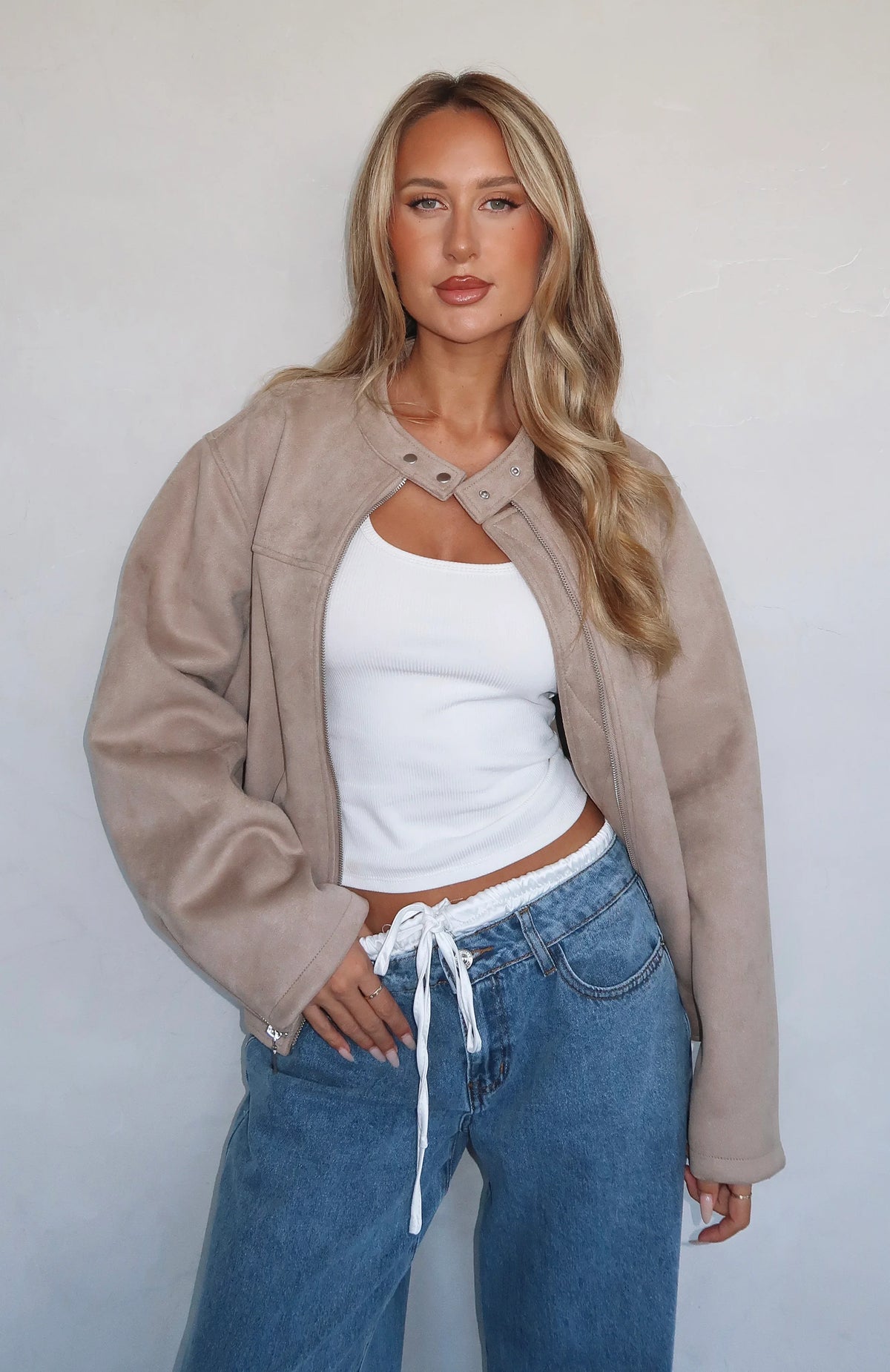 Watchin Out Faux Suede Bomber Jacket Sand