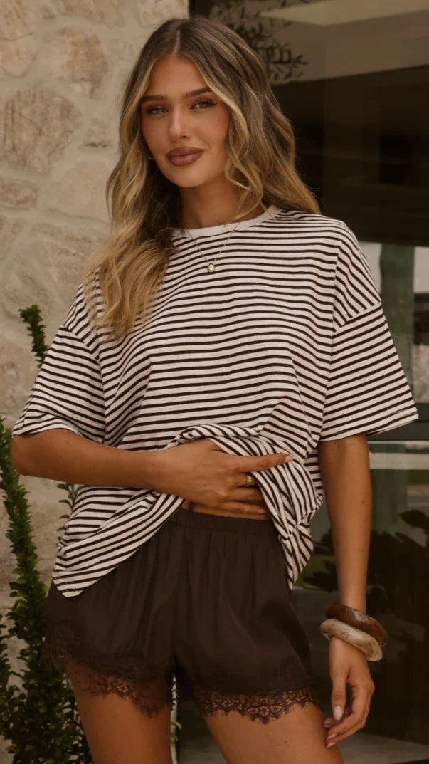 Zaina Stripe T Shirt and Micro Lace Shorts Chocolate White
