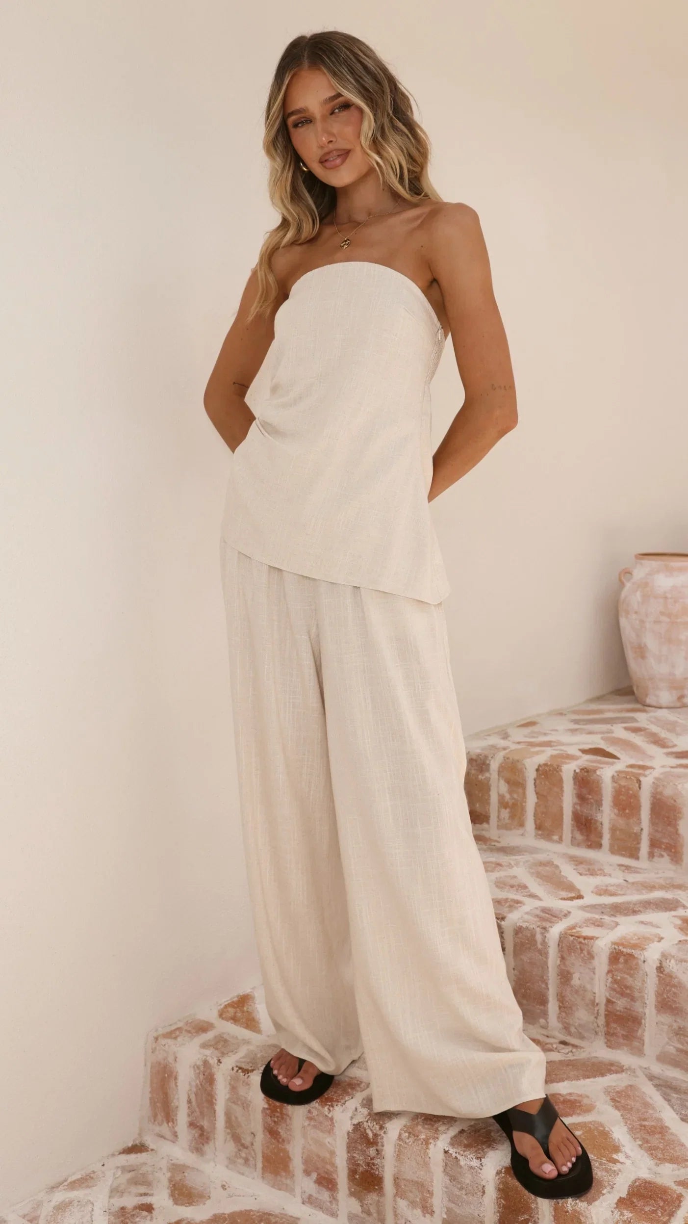 Yuki Strapless Top and Pants Set Oatmeal