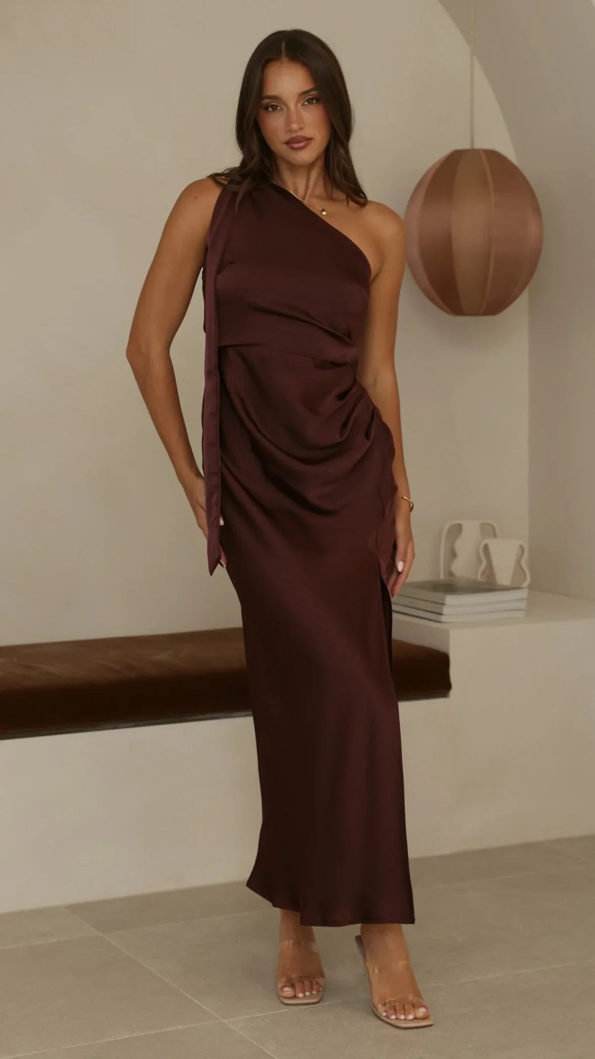 Halle One Shoulder Maxi Dress Chocolate